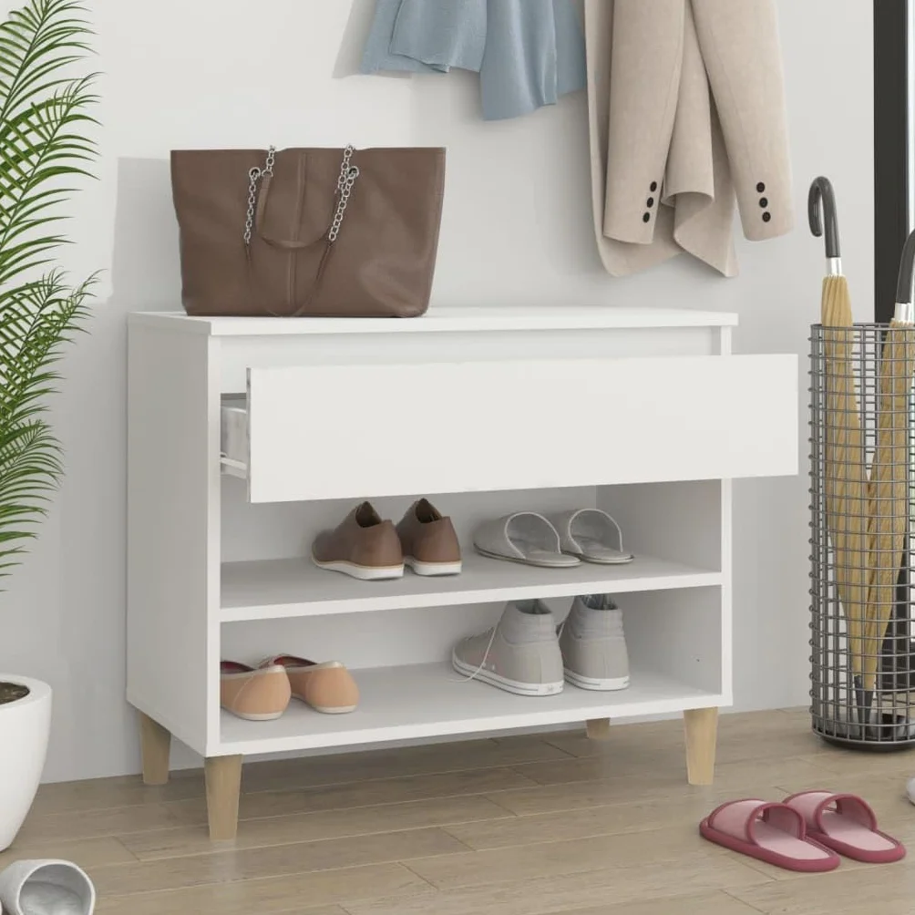 Regał na buty, biały, materiał drewnopochodny, 70 x 36 x 60 cm, z 2 półkami i szufladą, do przechowywania butów do przedpokoju, sypialni, stabilny organizer na buty z półką