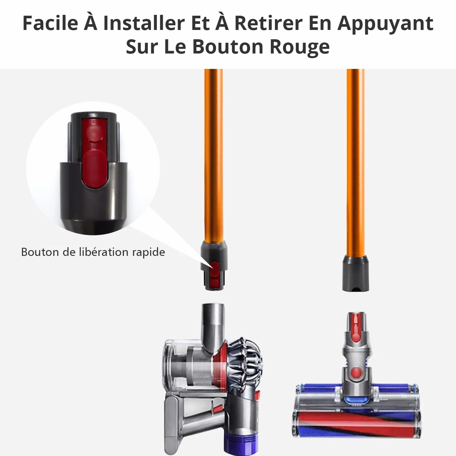 Cheerhom Rura teleskopowa kompatybilna z Dyson V7, V8, V10, V11, V15, długość 73 cm, szybkie zwalnianie, sztywne przedłużenie drążka z dwiema małymi szczotkami 2 w 1, pomarańczowa