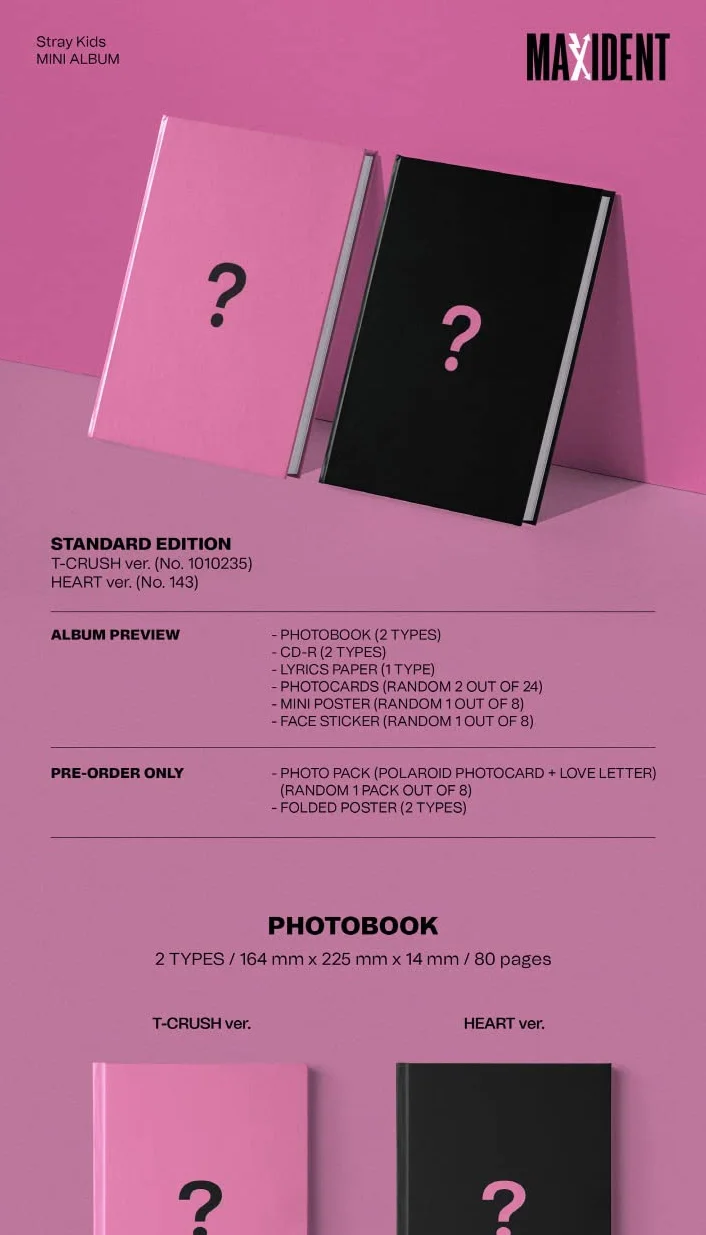 DREAMUS Stray Kids MAXIDENT 7th Mini Album Standard Version CD+Photobook+Lyrics paper+Photocard+Mini poster on pack+Face sticker+Tracking (SET(T-CRUSH+HEART))