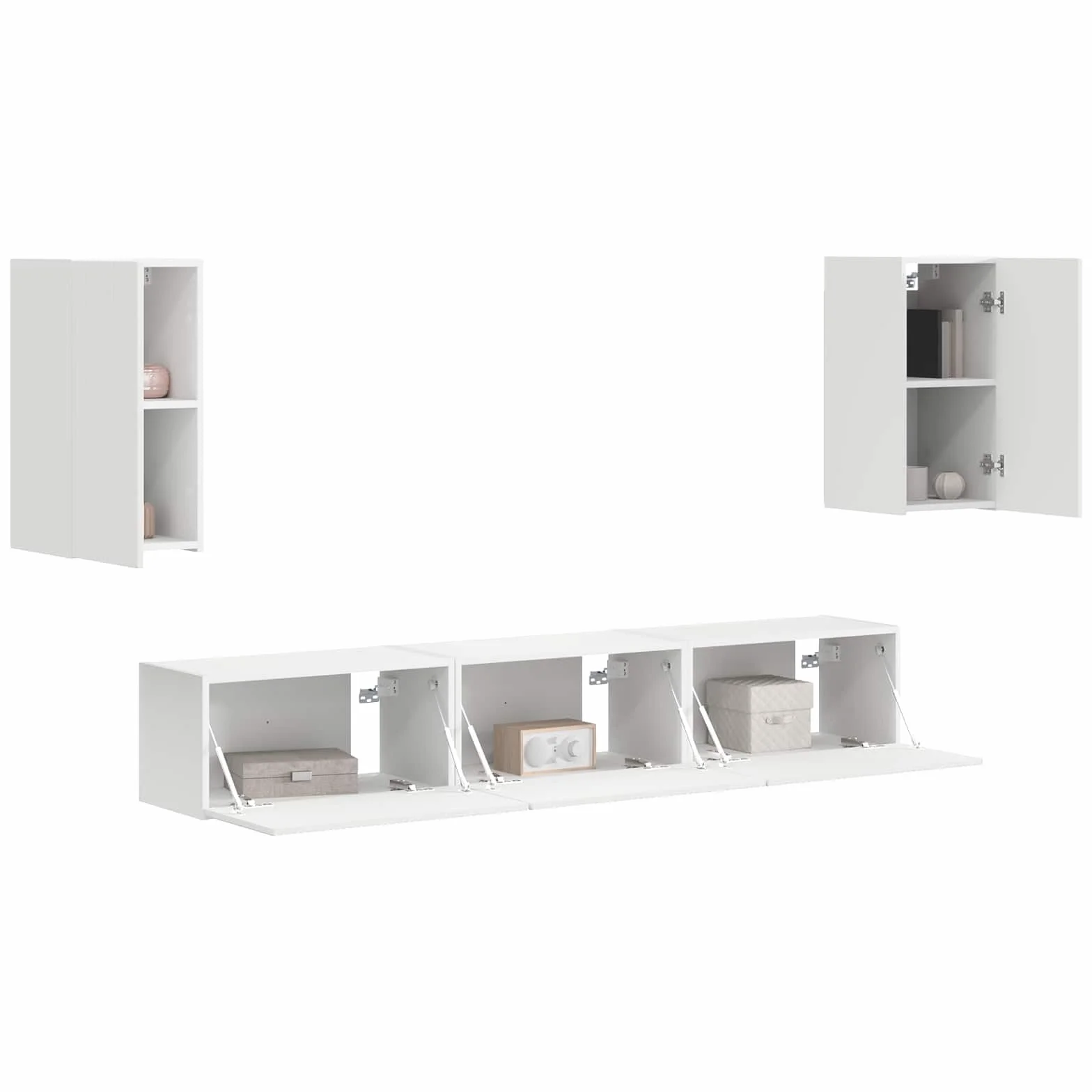 nowoczesny zestaw do montażu na ścianie, 5-częściowy, biały materiał drewniany z dwiema szafkami ściennymi i trzema szafkami telewizyjnymi do przechowywania urządzeń, płyt DVD i konsol.