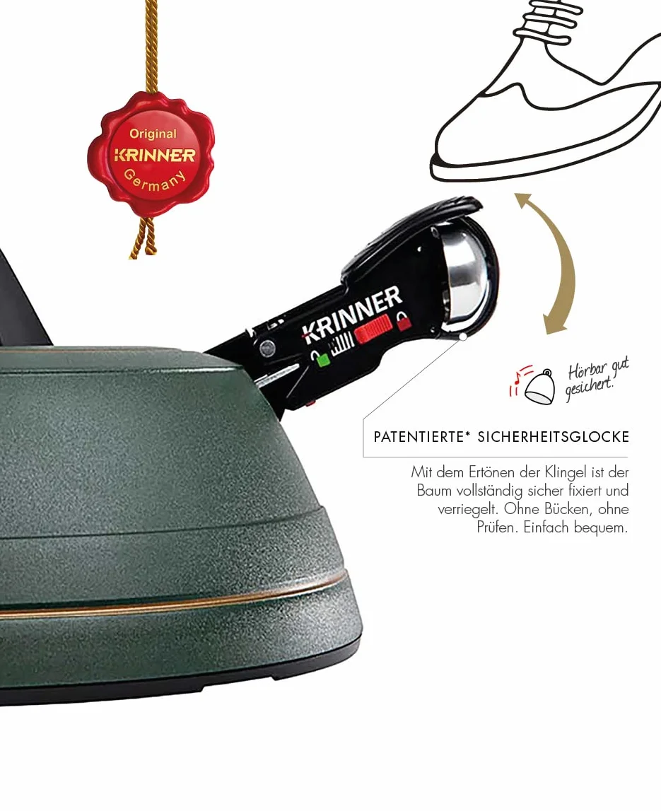 KRINNER® Ultra Grip XL stojak na choinkę w zestawie z pedałem nożnym z dzwonkiem zabezpieczającym i zbiornikiem na wodę o wysokości 4,5 l, na wysokość drzewa do 3,0 m, Made in Germany 94245, zielony