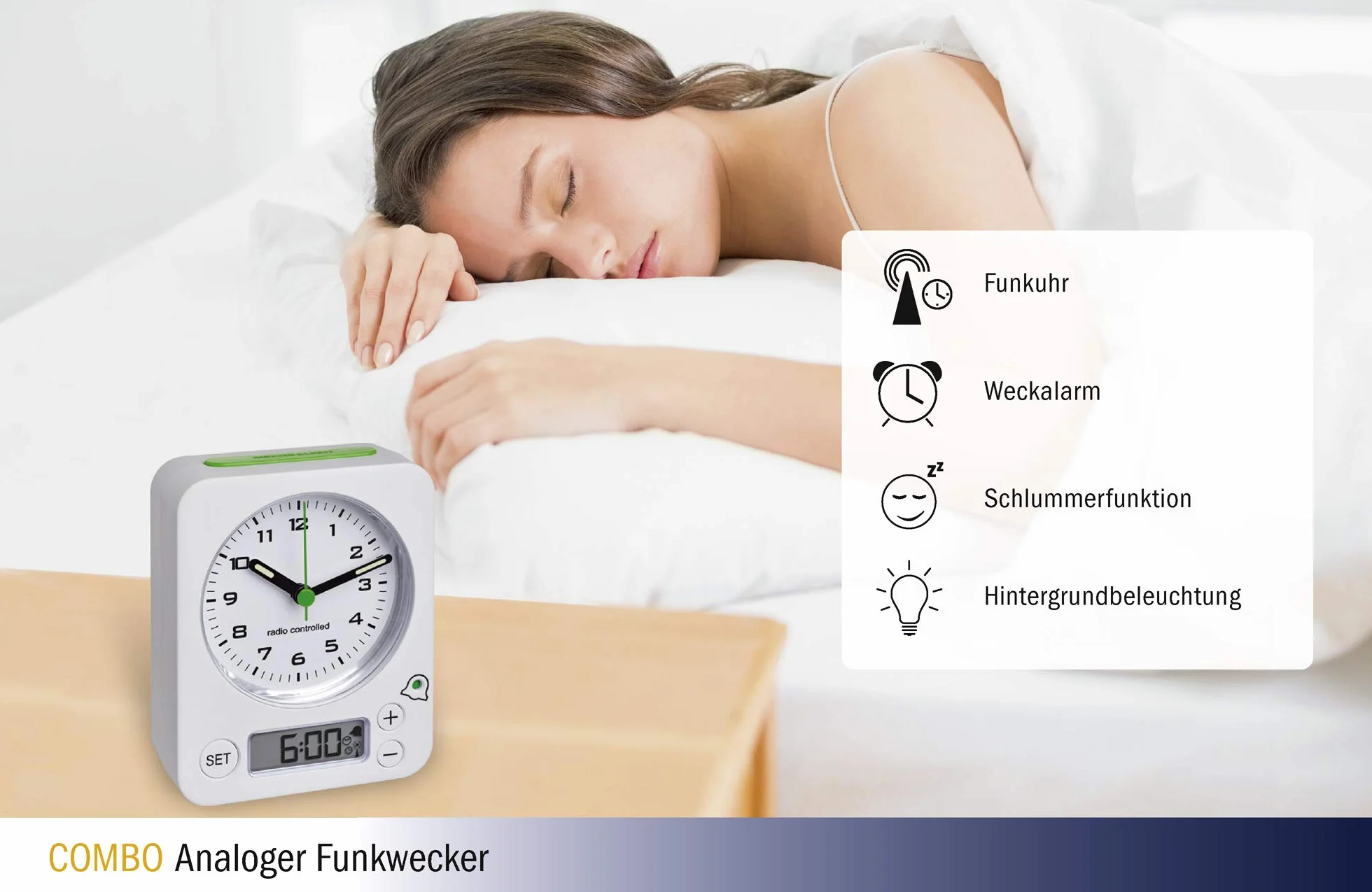 TFA Dostmann Combo analogowy budzik sterowany radiowo z cyfrową regulacją alarmu, wysoka precyzja, cichy, brzegowe oświetlenie tarczy, biały