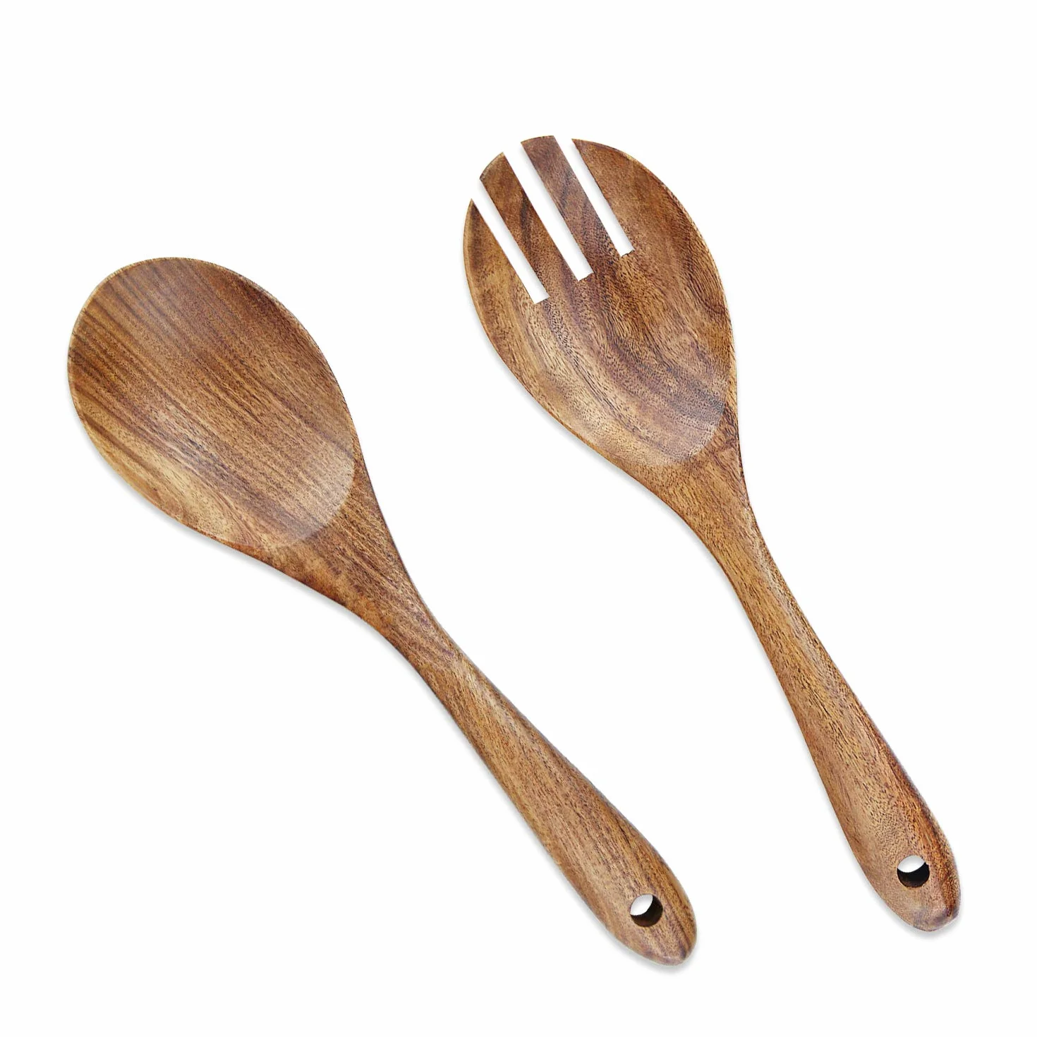 AOOSY 2 sztuki drewnianych serwerów do sałatek, 25 cm drewniane łyżki do serwowania, zestaw do mieszania sałatek, widelec obiadowy i łyżka, długi uchwyt, szczypce do sałatek, przybory kuchenne, zestaw