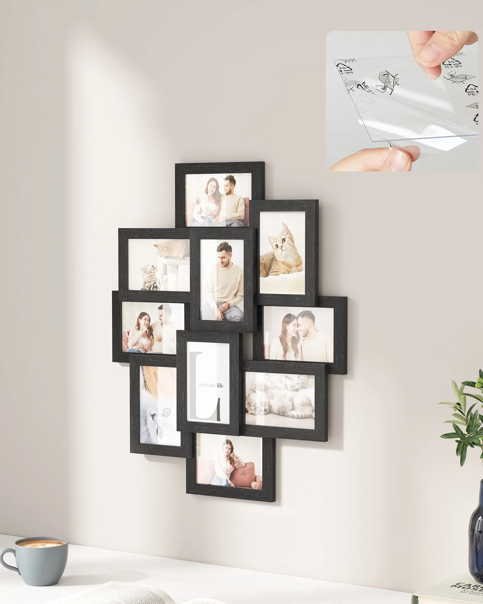 SONGMICS Kolaż ramek na zdjęcia, rodzinna ramka na zdjęcia, na 10 zdjęć po 10 x 15 cm (4x6”), z płyty MDF, wymagany montaż, czarny RPF20BK
