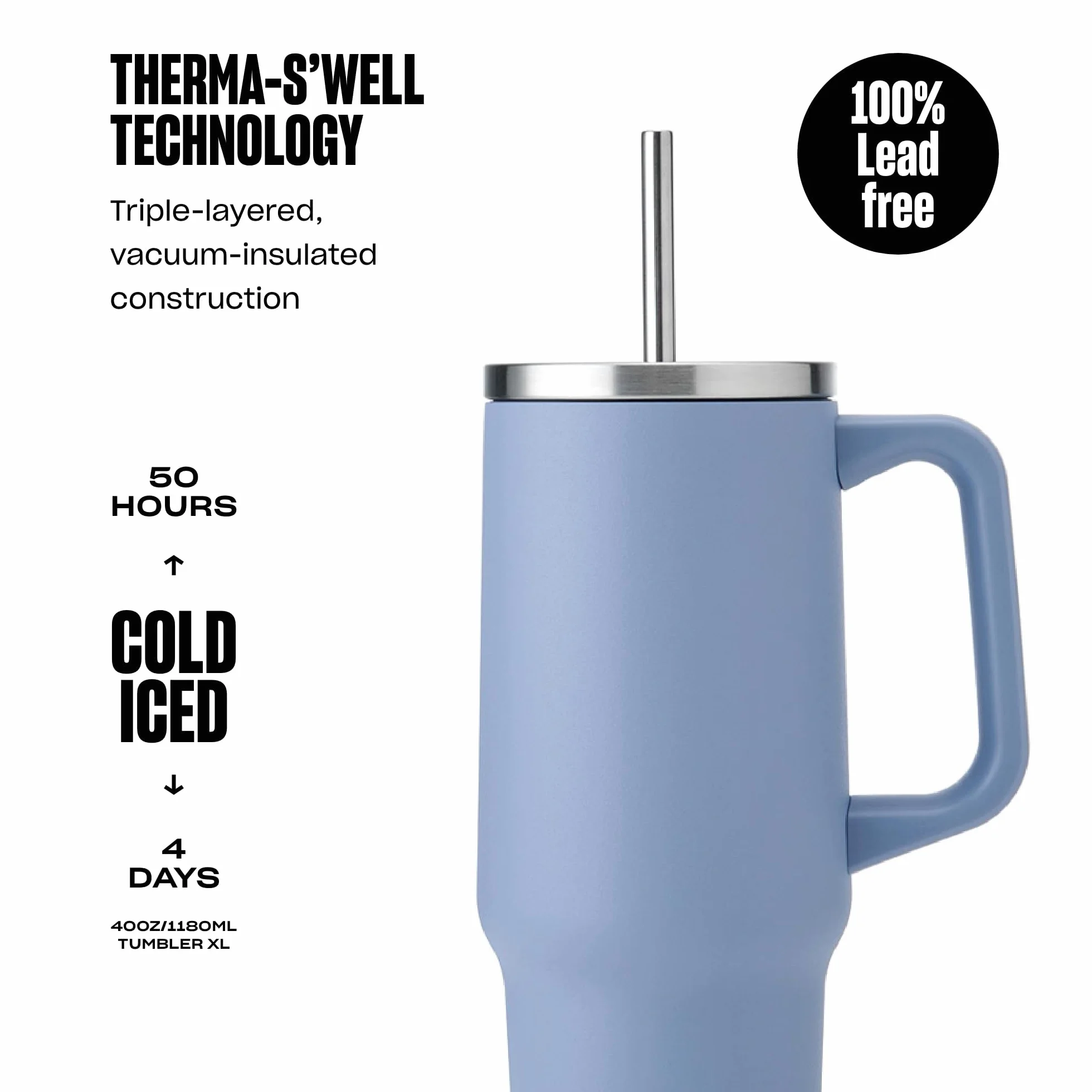 S'well Tumbler XL, kubek do napojów wielokrotnego użytku, ze słomką, trójwarstwowa butelka ze stali nierdzewnej, utrzymuje napoje gorące przez 50 h i zimno przez 10 h, 1180 ml, niebieska hortensja