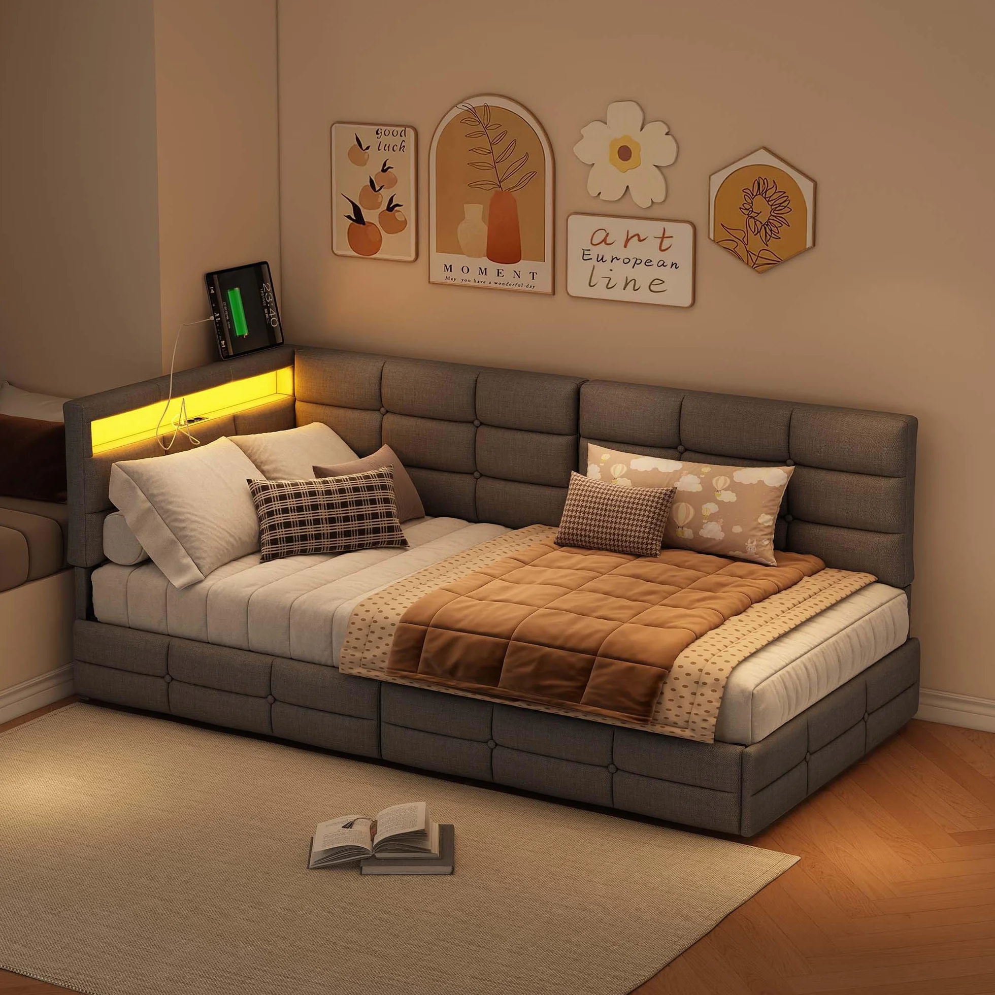 Łóżko 90 x 200 cm, z miejscem do przechowywania, tapicerowane, młodzieżowe, 90 x 200 cm, z diodami LED i USB, sofa z szufladami, pojedyncze łóżko dzienne ze stelażem, łóżko narożne, len, szare