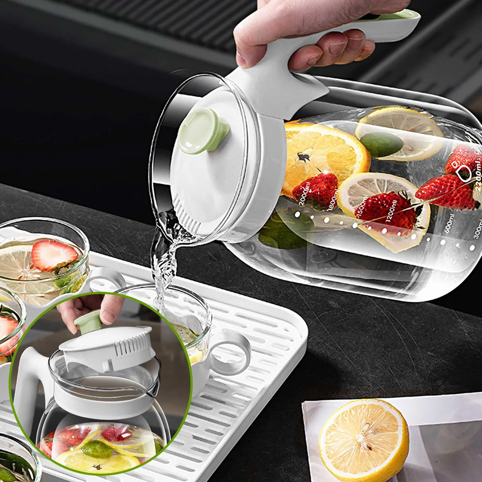 Szklana karafka z pokrywką o pojemności 1,8 l do wody, soków, mrożonej herbaty i nie tylko - szklany dzbanek bez BPA do zimnych, gorących napojów i domowych drinków z wylewką Filtr…