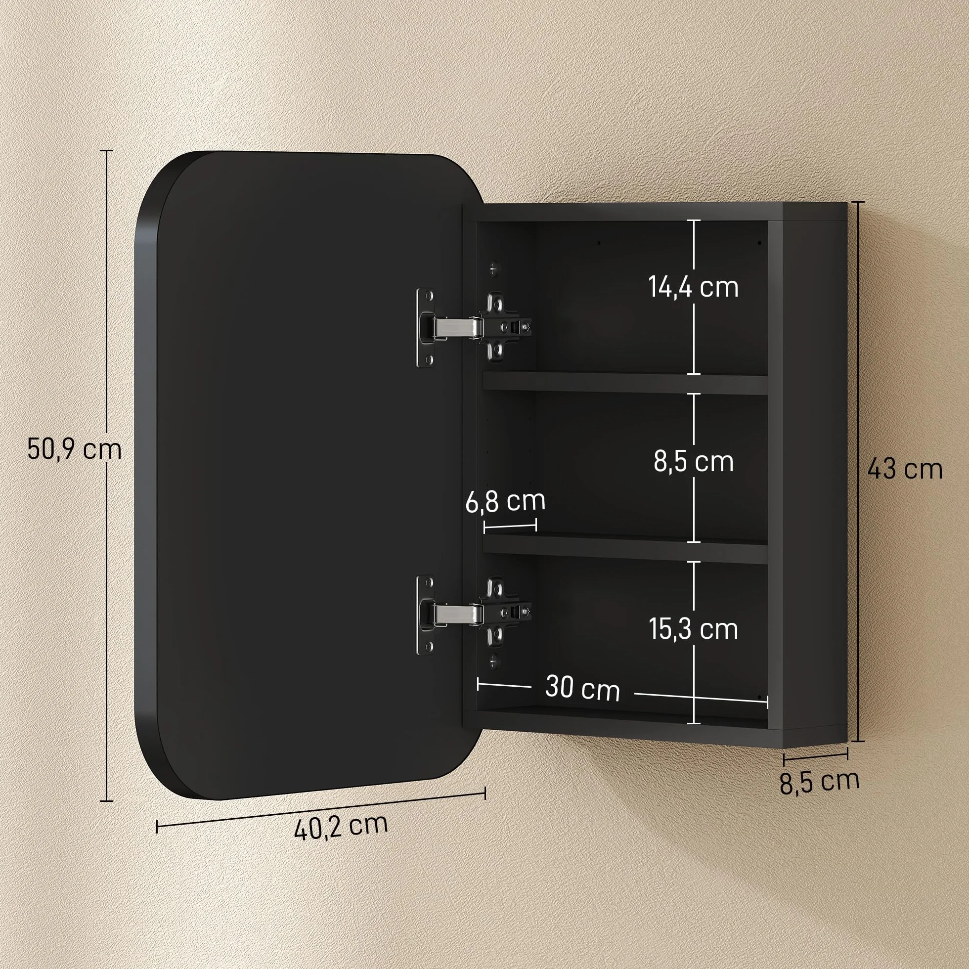HOMCOM Szafka Łazienkowa z Lustrem Wisząca Regulowana Półka 40,2 x 10,2 x 50,9 cm Czarna