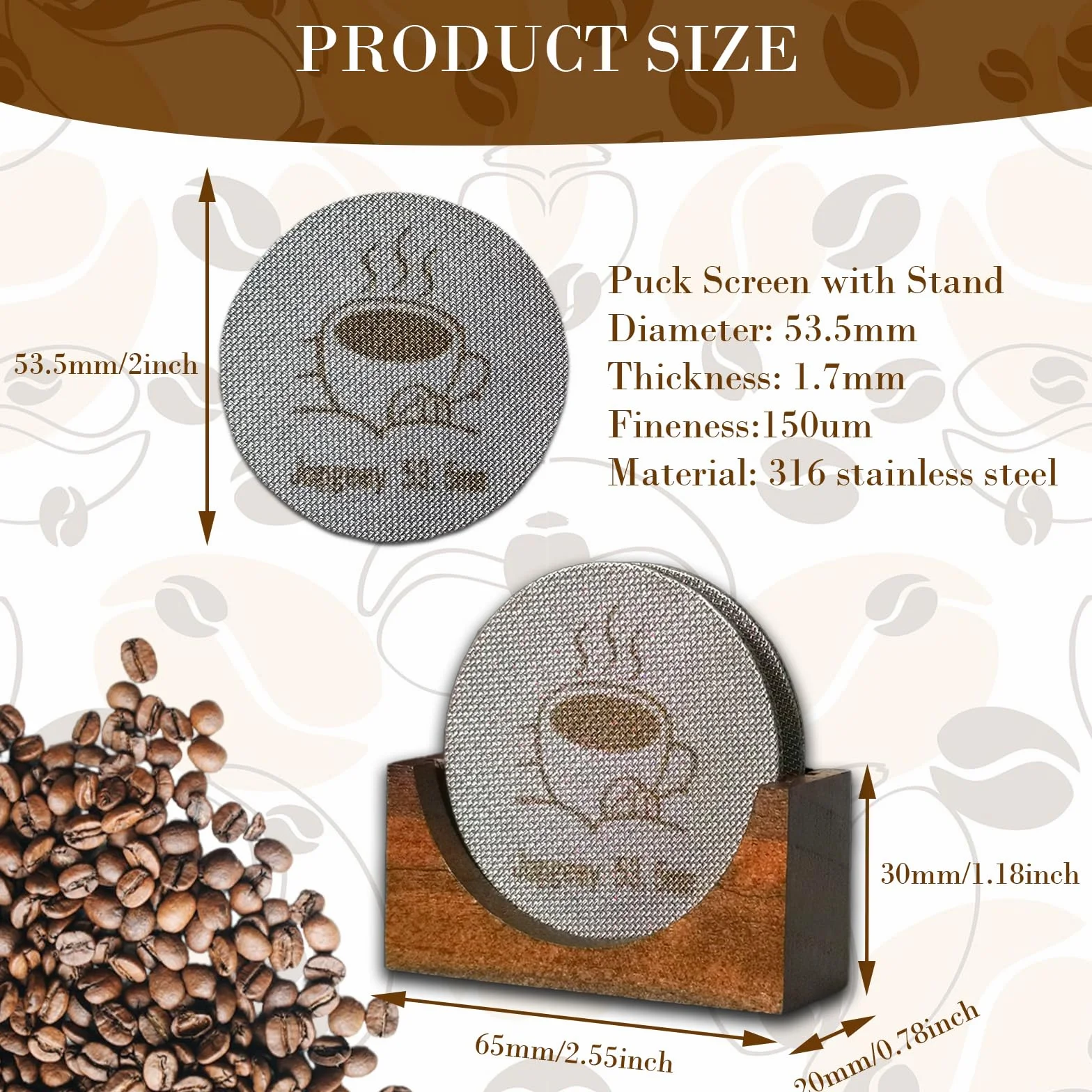 Krążek do espresso 53,5 mm ze stojakiem, filtry do kawy wielokrotnego użytku, kompatybilne z koszem portafiltrowym Breville Barista, 54 mm, grubość 1,7 mm, 150 μm, akcesoria do ekspresów do espresso