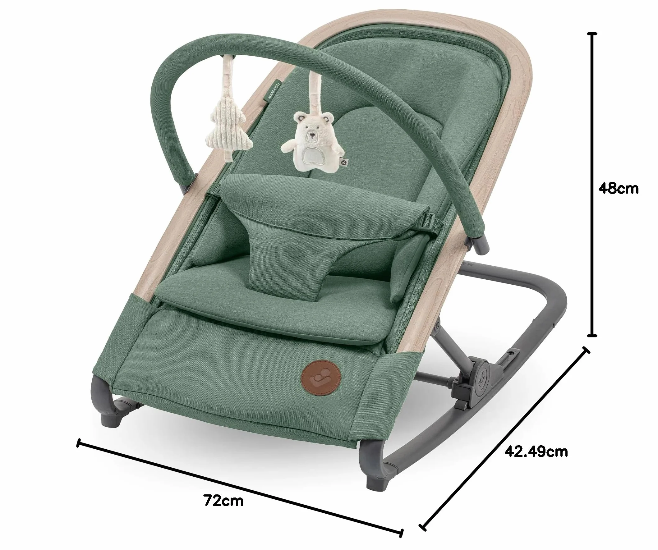 Maxi-Cosi Bujaczek leżaczek Kori 2 w 1 z łukiem z zabawkami, 0–2 lata, do 15 kg, bujaczek dla dziecka, 3 poz. odchylania jedną ręką, Uprząż Easy- in, Lekki i kompaktowy, Beyond Green