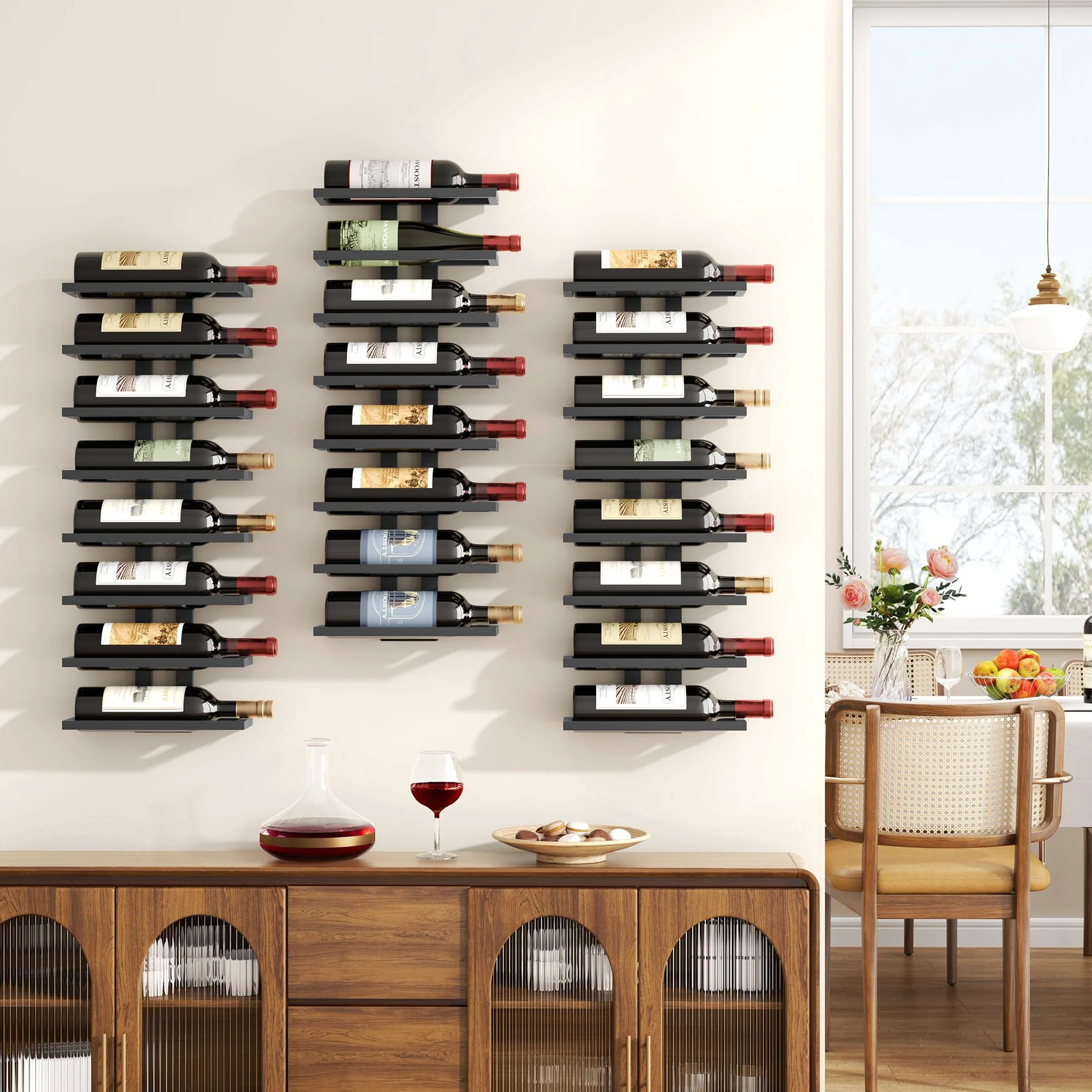 FAVOOSTY Wiszący Regał na Wino 3szt, Metalowy 8-Poziomowy do Piwnicy, Czarny