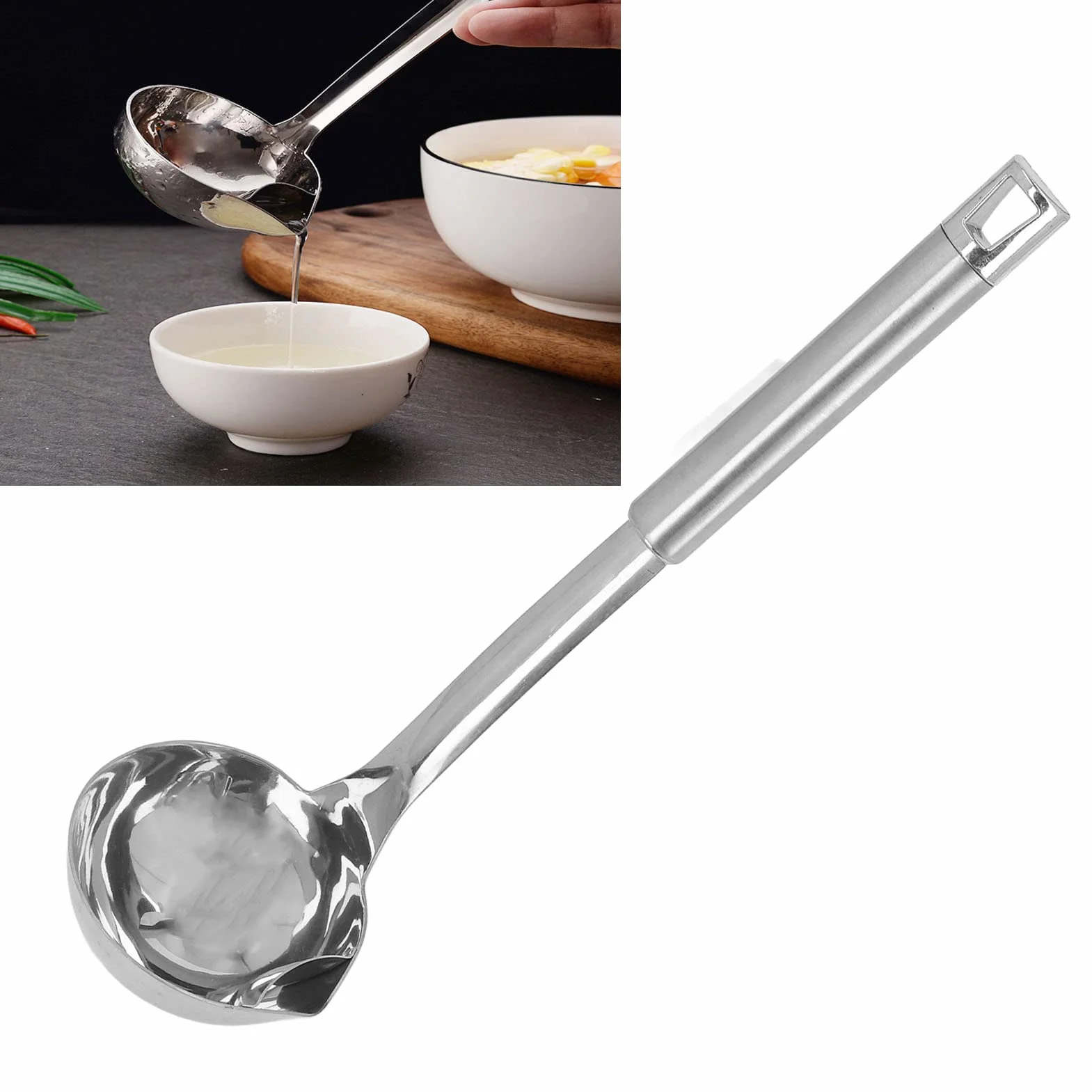 Separator Oleju Chochla, łyżka Filtrująca ze Stali Nierdzewnej 304 Zupy Sosy Gulasze Separator Sosu Kuchnia Gotowanie Odtłuszczacz Sitko Łyżka z Ergonomicznym Okrągłym Uchwytem