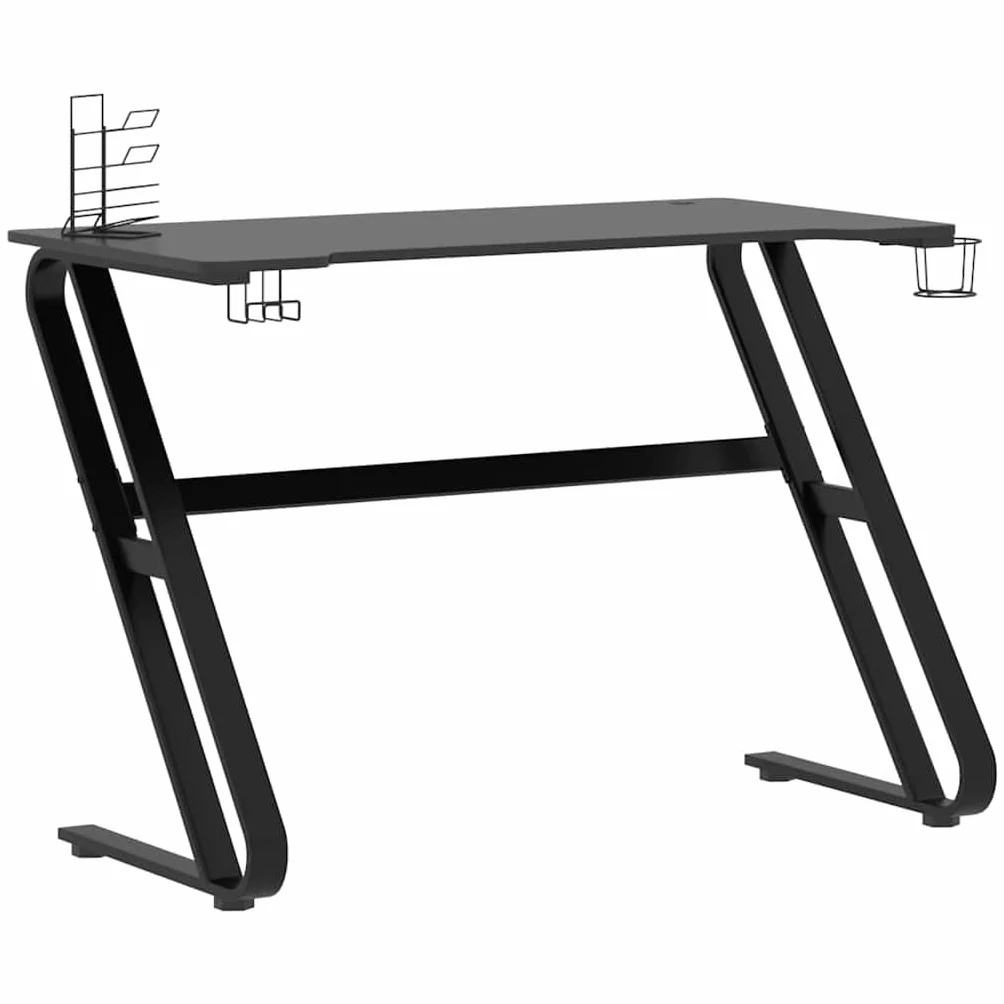 Biurko do gier z ramą ZZ, czarne, drewno i żelazo, 110 x 60 x 75 cm, z półką na słuchawki i kontrolerem, uchwytem na kubek, stabilne biurko komputerowe, do domowego biura i gier