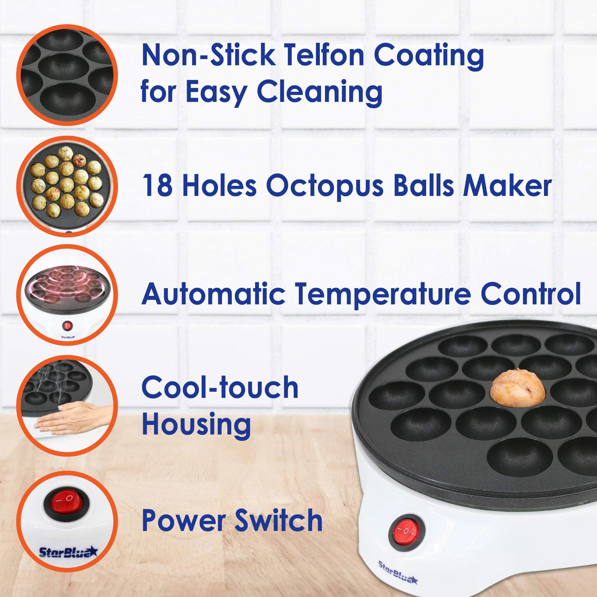 StarBlue Takoyaki Maker Bezpłatny Rożen Takoyaki – Elektryczna Maszyna Do Produkcji Japońskich Kuleczek Octopus, Wtyczka UK i Adapter Europejski w Zestawie