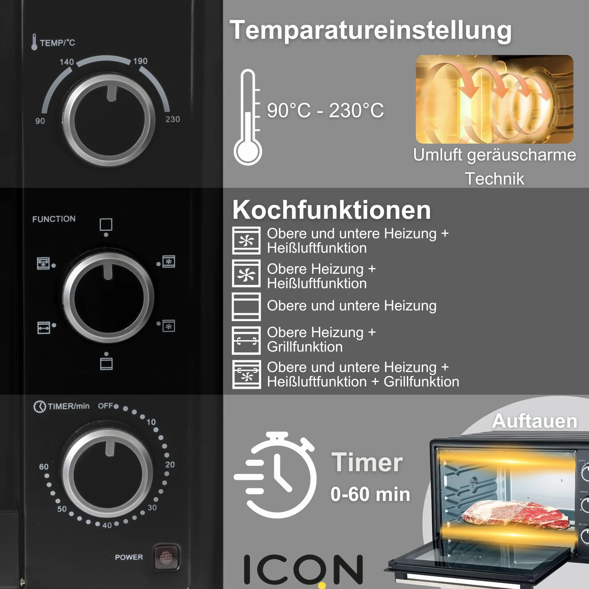ICQN 50 l mini piekarnik z obiegiem, 1800 W, oświetlenie wewnętrzne, 5 funkcji gotowania, timer 60 min, w zestawie zestaw blach do pieczenia, mini piekarniki