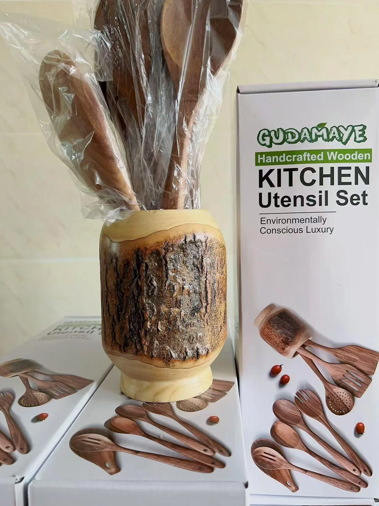 Gudamaye Drewniane łyżki do gotowania o długości 33 cm, drewniane naczynia do gotowania z uchwytem na przybory, 9 szt. zestaw drewnianych przyborów kuchennych z uchwytem na przybory i podpórką na