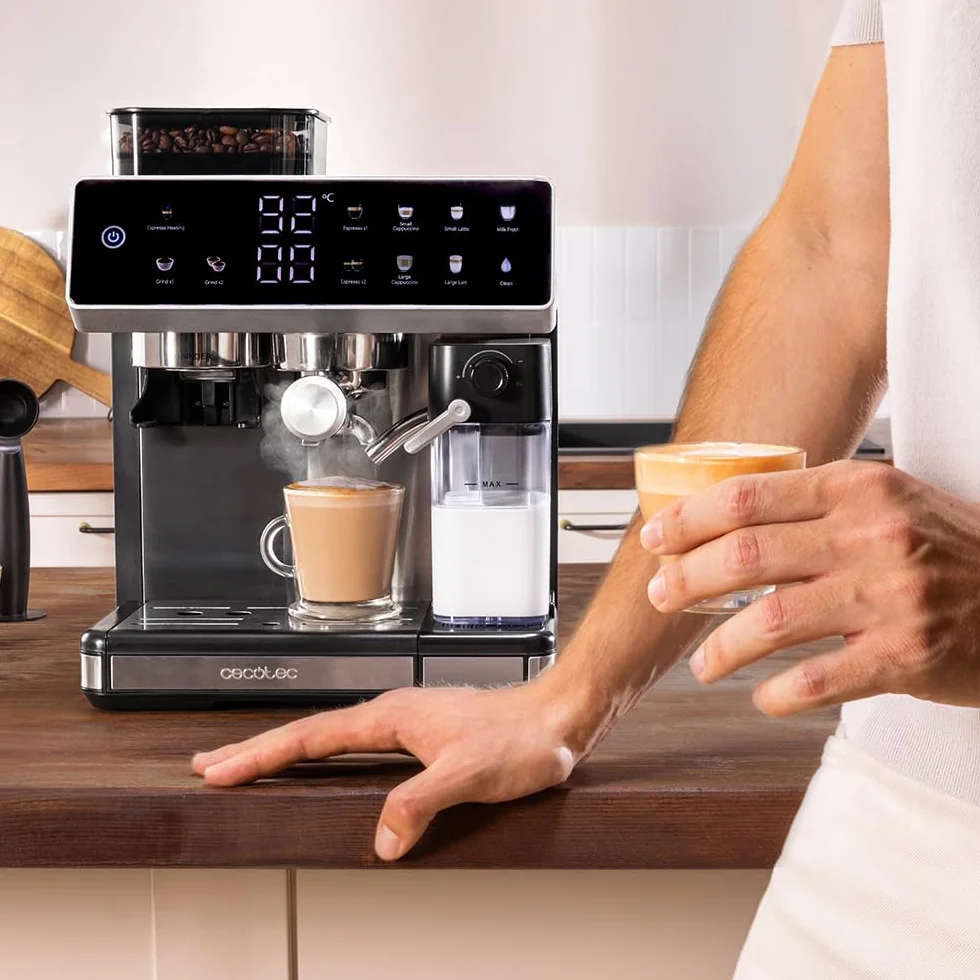 Cecotec Ekspres do kawy Barista Power Espresso 20 Barista Grind & Latte. 1350W, 20 barów, młynek stożkowy, 2,6 l zbiornik na wodę, 100g kawy i 500ml mleko, ekran dotykowy, samoczyszczenie, dostosowany