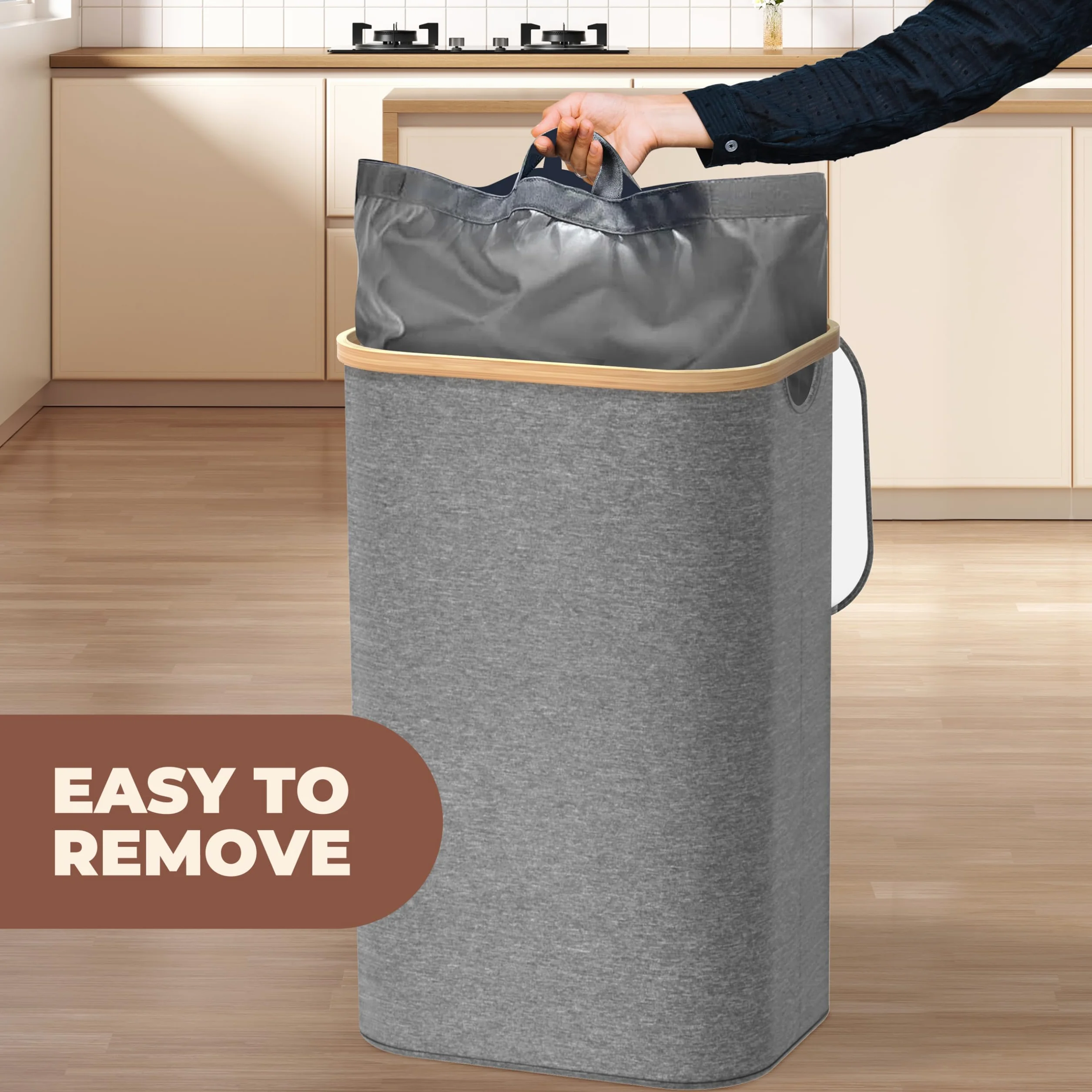 Returnable Bottle Container 100L Grå – Bottle Collector with 2 Transport Bags – Deposit Bottle Container Drop Hole – Bamboo Foldable
