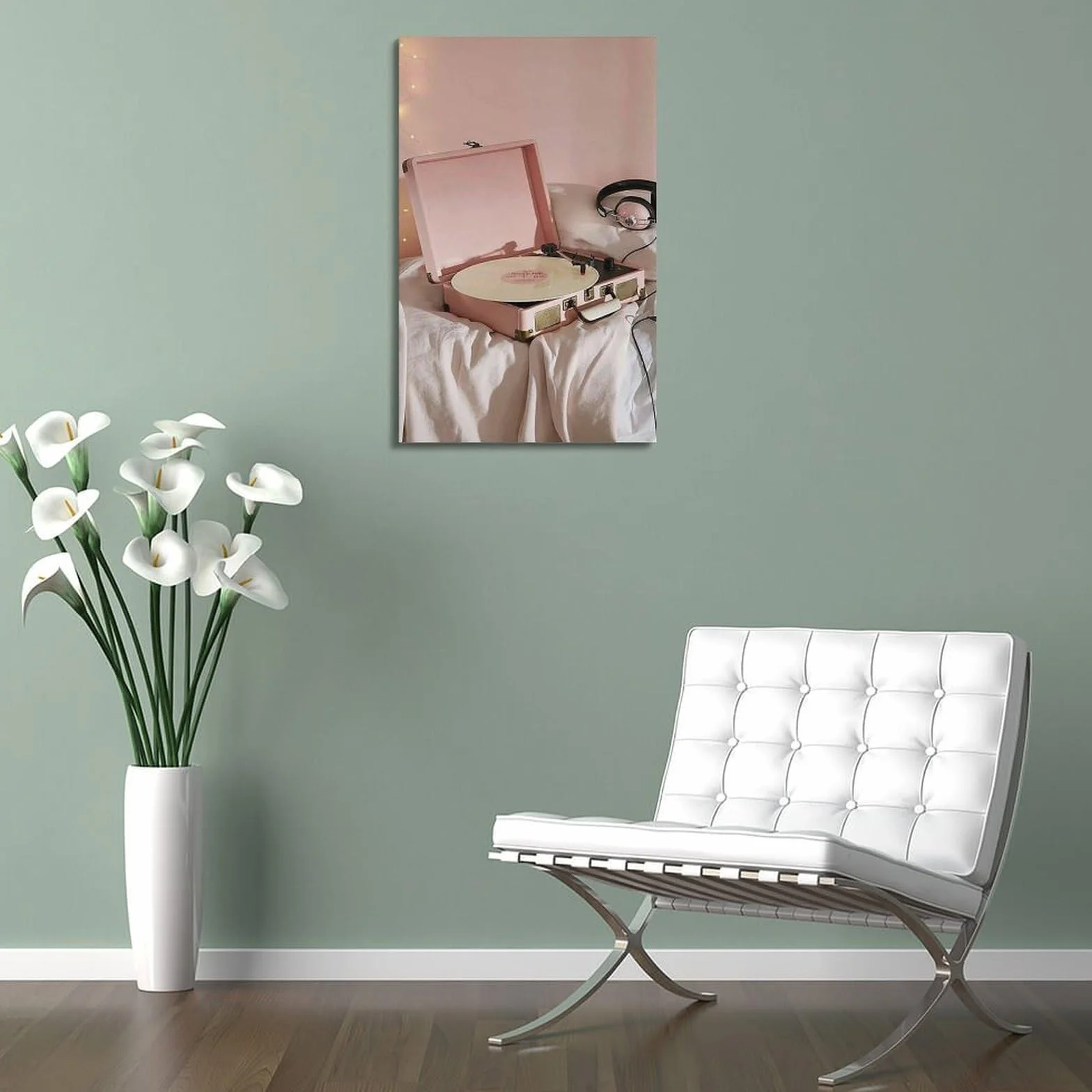 Różowy gramofon z płytą winylową i słuchawkami sztuka ścienna, retro dekoracja muzyczna do salonu i sypialni plakat dekoracyjny obraz płótno plakaty ścienne i obraz artystyczny nadruk nowoczesna