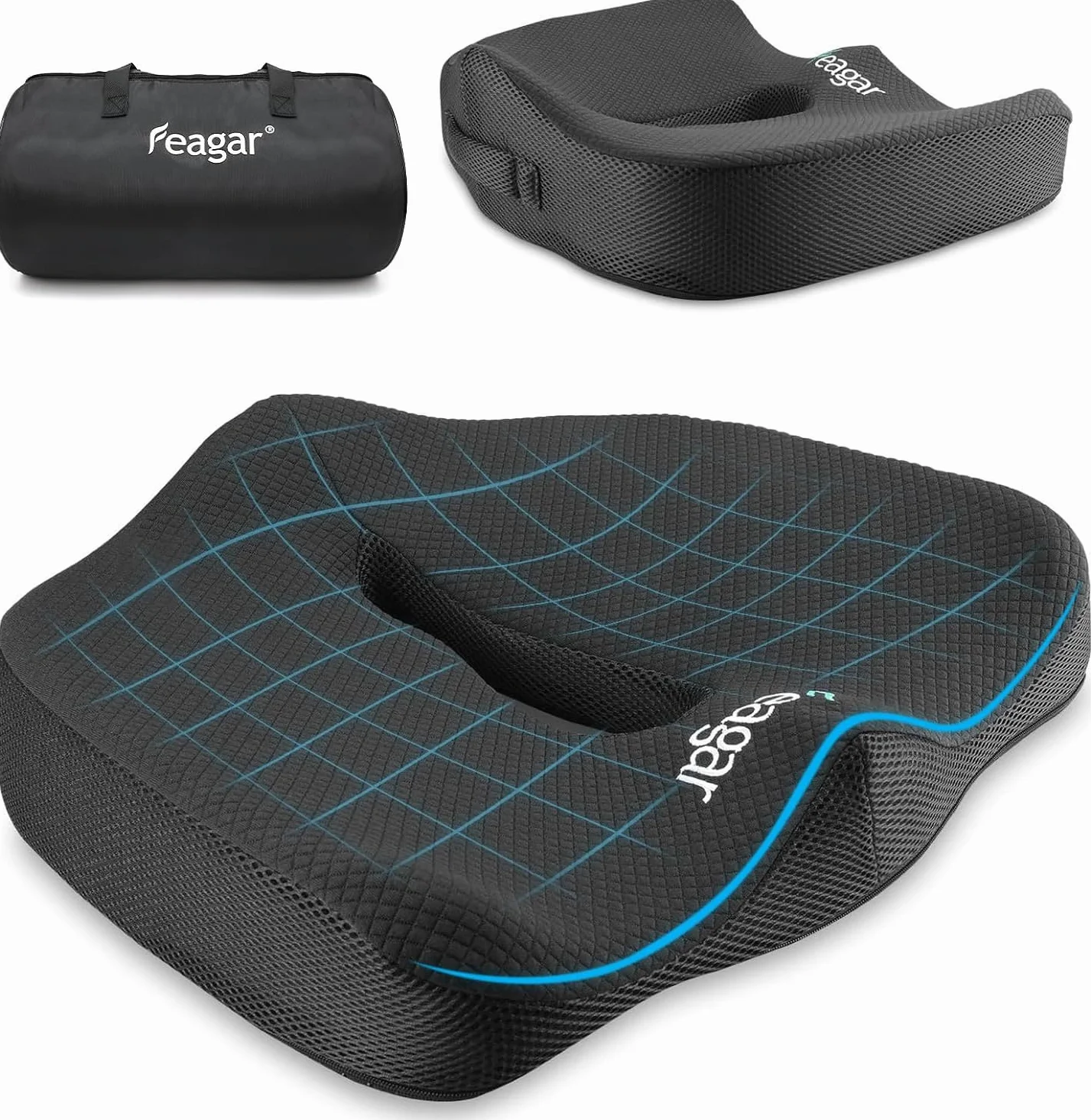 Feagar, poduszka na krzesło z pianki z pamięcią, ergonomiczna poduszka na fotel samochodowy, dla kierowcy, do wózka inwalidzkiego, poduszka na rwę kulszową, poduszka do siedzenia, czarna