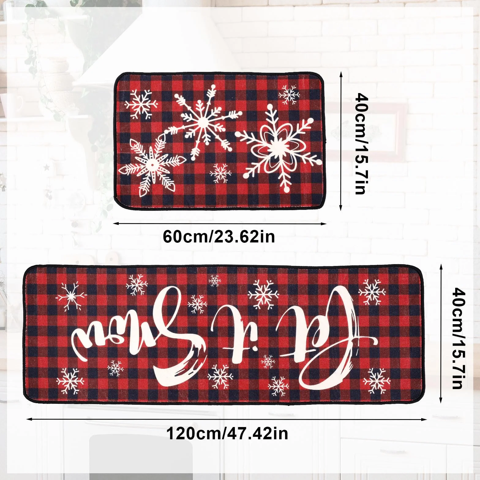 2 Szt. Świąteczne Zestawy Dywaników Kuchennych, Świąteczne Dekoracje Kuchenne Let It Snow Dywanik w Kratę Buffalo Zima Wakacje Impreza Golvmatta do Domu Kuchni (40x60cm, 40x120cm)