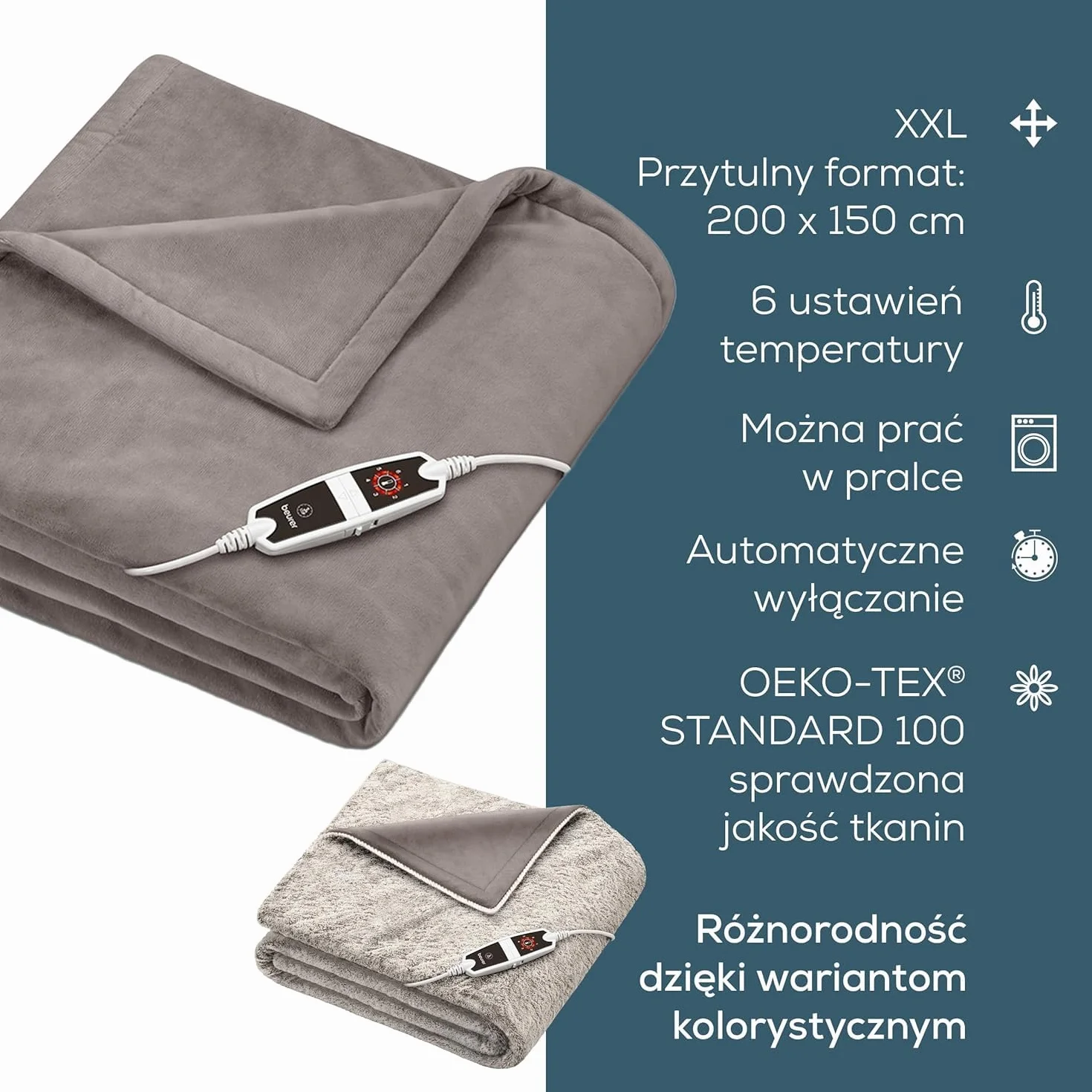 Beurer HD 150 XXL Taupe koc grzewczy, elektryczny koc z automatycznym wyłączaniem, 200 x 150 cm, 6 ustawień temperatury, możliwość prania w pralce, przytulny koc o wyglądzie futra, beżowy / brązowy