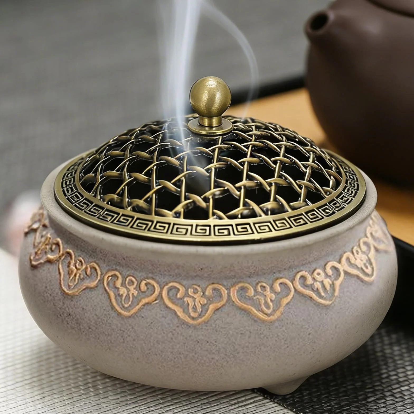 Ceramiczne naczynie do kadzidełka w stylu vintage, z metalową pokrywką, uchwyt na kadzidełka, okrągły i ogniotrwały, chińska porcelana, do domu, pokoju medytacyjnego, salonu, biura