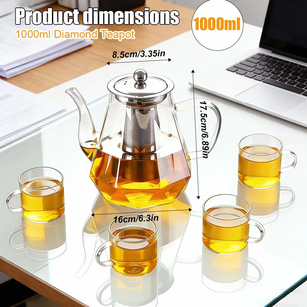 RANJIMA Dzbanek do herbaty z sitkiem, szklany dzbanek o pojemności 1,0 l, odporny na wysokie temperatury, szklany dzbanek z pokrywką, Premium Teapot z sitkiem ze stali nierdzewnej, idealny do