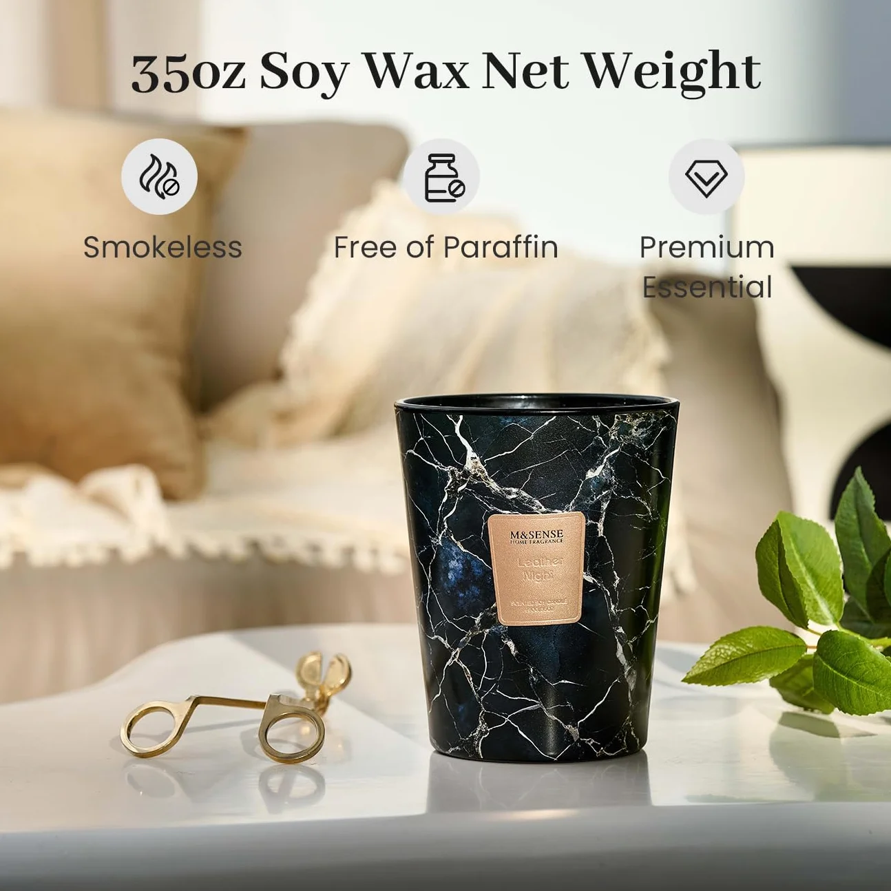 M&SENSE 990 g świeca zapachowa duża, czarna, skórzana, nocne świece zapachowe w szkle, naturalny wosk sojowy, prezent dla kobiet i mężczyzn, Boże Narodzenie, czas palenia 150 h, 3 knoty, Home Scented