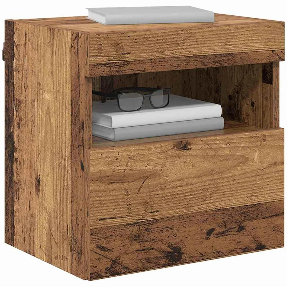 Regały ścienne pod telewizor zestaw 2 sztuk, wygląd starego drewna, 40 x 30 x 40 cm, materiał drewnopochodny, z oświetleniem LED, montowane na ścianie, do salonu, nowoczesne wzornictwo, dużo