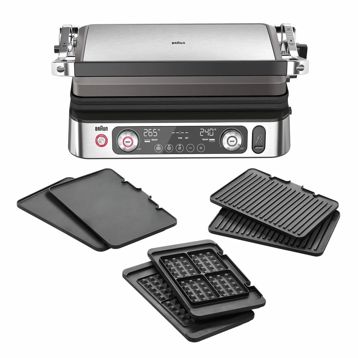 Braun MultiGrill9 CG9167, elektryczna kratka sterowana elektronicznie, 2 niezależne termostaty, 3 pozycje gotowania, sonda termiczna, funkcja BOOST, zestaw płyt grillowych, gładki+gofry, 2200 W