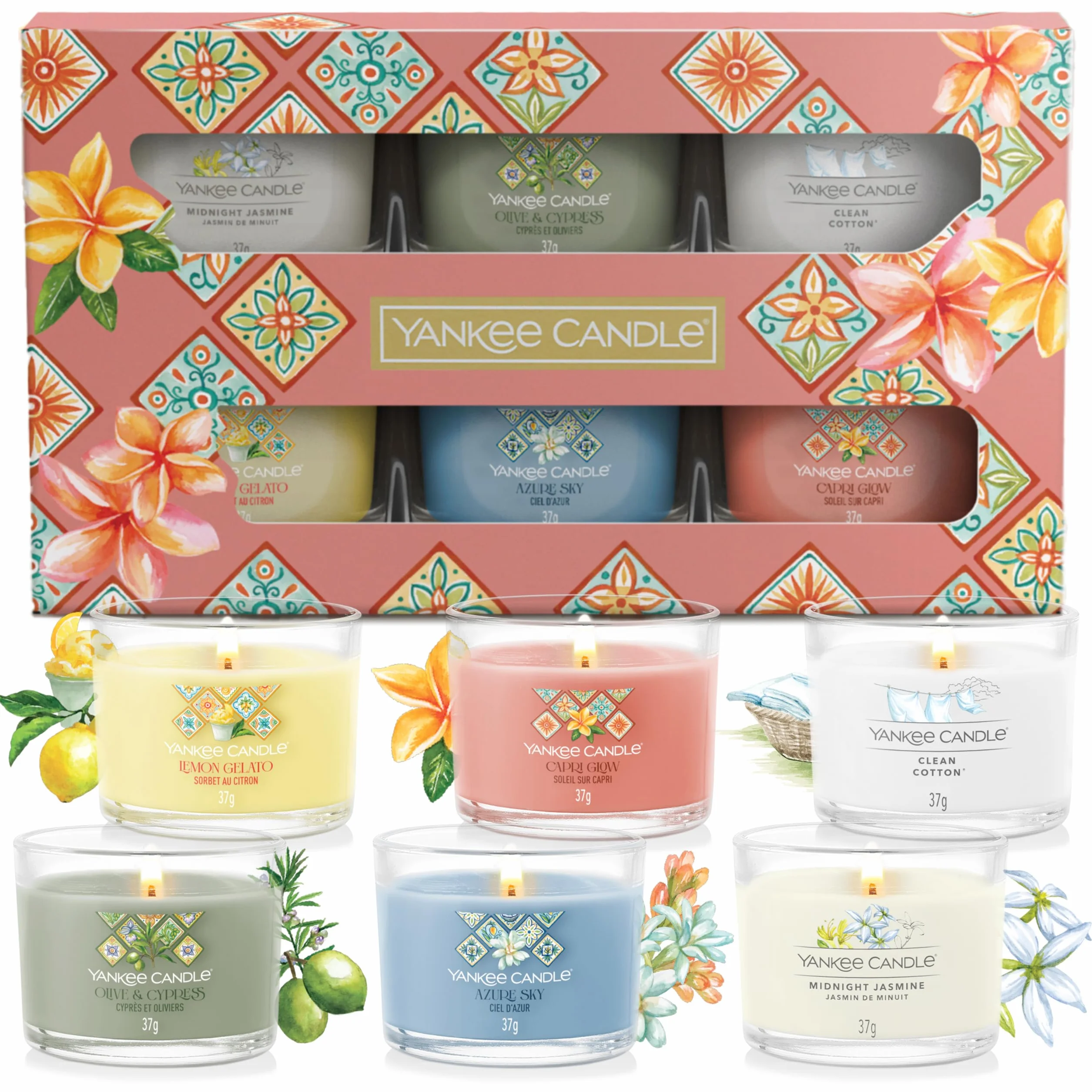 Yankee Candle Zestaw upominkowy świec zapachowych, mini świece wotywne, mieszanka wosku sojowego, kolekcja Hello Italy, idealne prezenty dla kobiet, 6 sztuk
