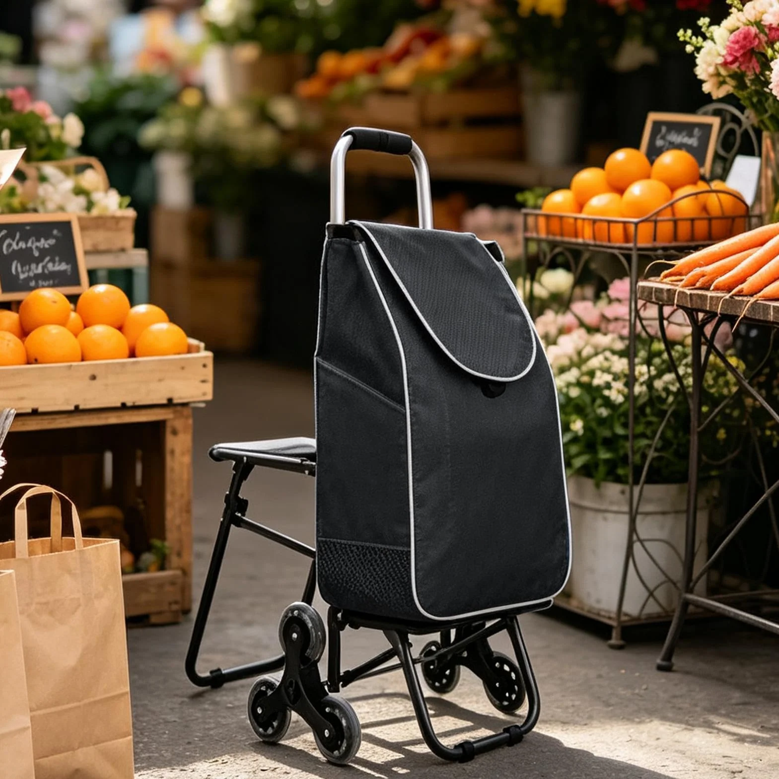 Wózek Do Pokonywania Schodów Na Zakupy 3-Kołowy Składany Wodoodporny | Wózki na zakupy Dla Seniorów Schody Mieszkanie Supermarket I Rynek Pralnia Dom