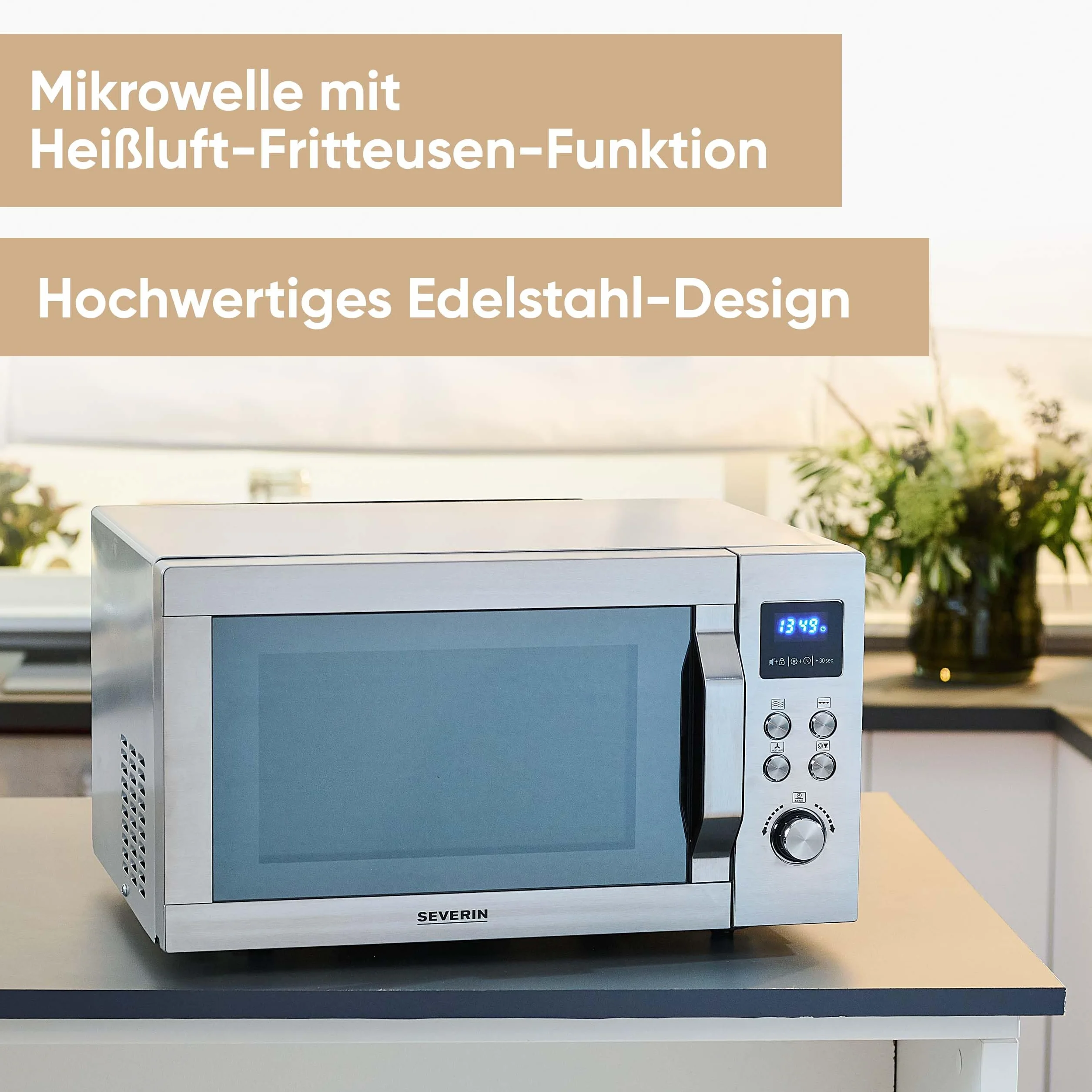 Kuchenka mikrofalowa SEVERIN 4 w 1 „Crispy Wave”, funkcja gorącego powietrza do 230°C, frytkownica na gorące powietrze, piekarnik i grill, maks. moc 2150 W, 25 l, srebrna/stal nierdzewna, MW 7982