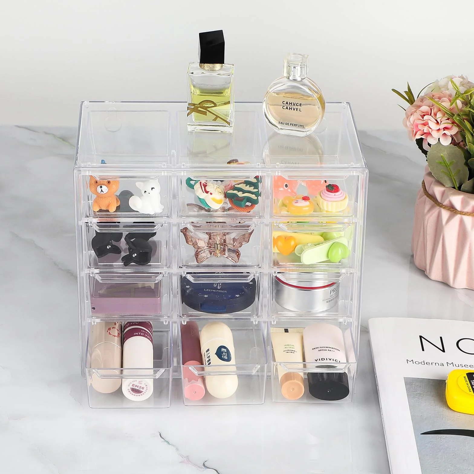 2 szt. Przezroczysty mini organizer szuflad małe szuflady do przechowywania do układania w stosy pudełko do przechowywania na biurko do makijażu, biżuteria, materiały biurowe i rzemieślnicze