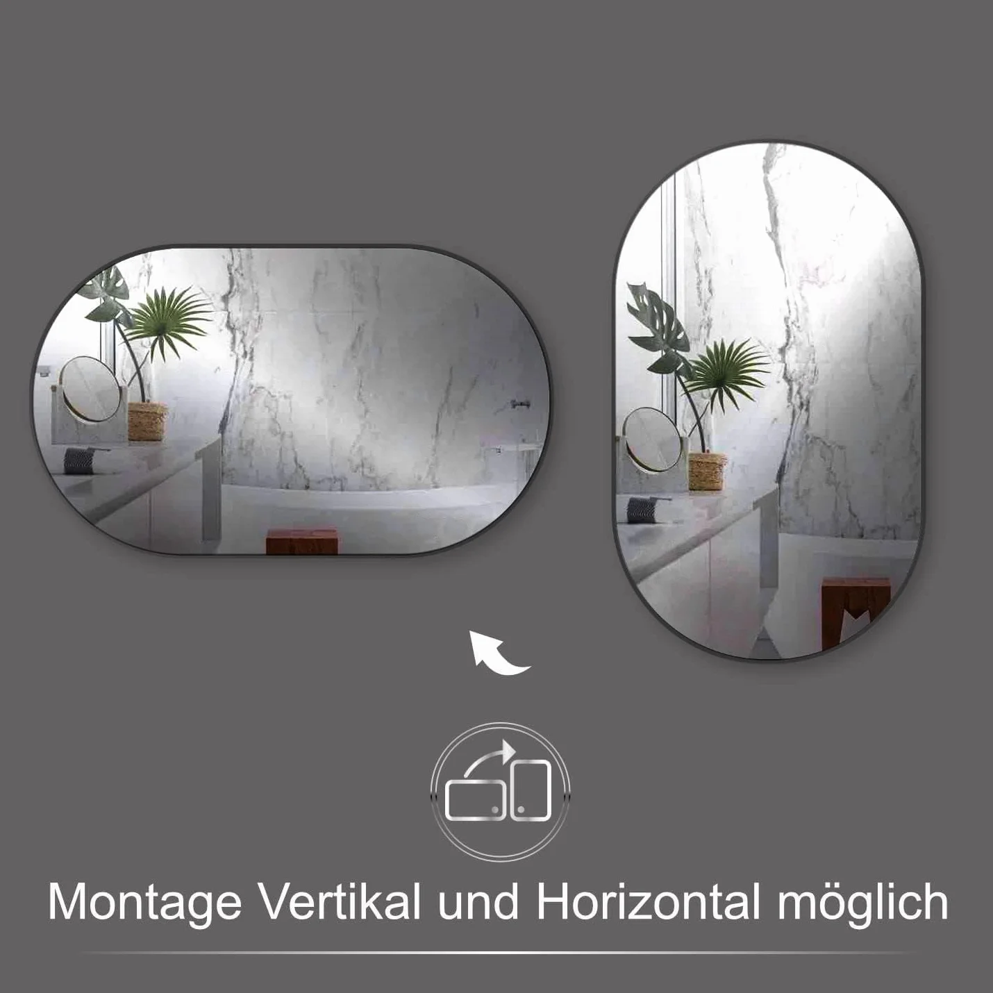 HOKO® Designerskie lustro ścienne owalne 60 x 100 cm z metalową ramą matową czarną. Możliwość montażu WYSOKIEGO i POPRZECHOWEGO Owalne lustro do łazienki, korytarza, sypialni. Lustro designerskie z