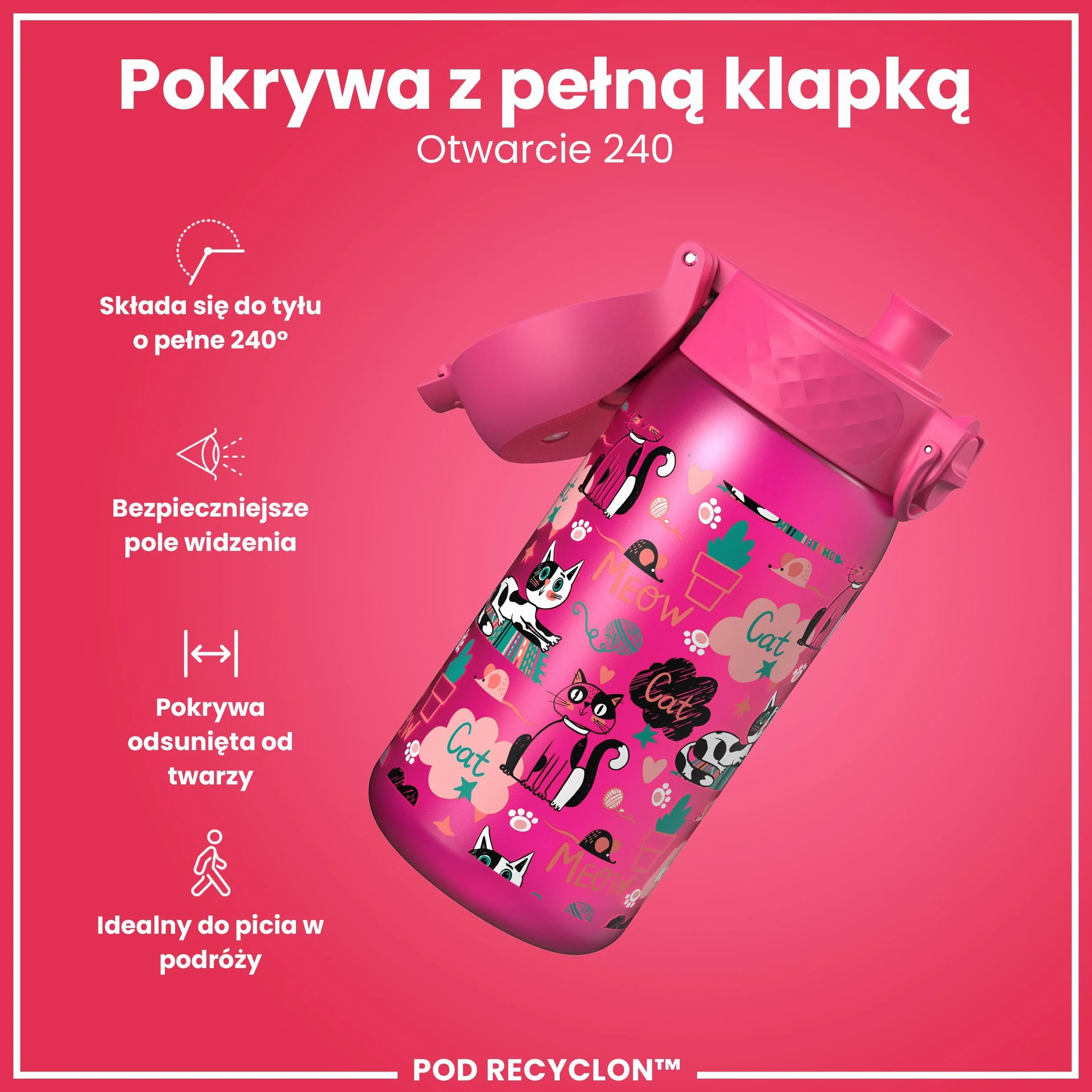 ION8 Butelka dla Dzieci, 350 ml/12 oz, Szczelna, Łatwa do Otwarcia, Bezpieczny Zamek, Można Myć w Zmywarce, Bez BPA, Uchwyt do Przenoszenia, Łatwa do Czyszczenia, Bezwonny, Koty