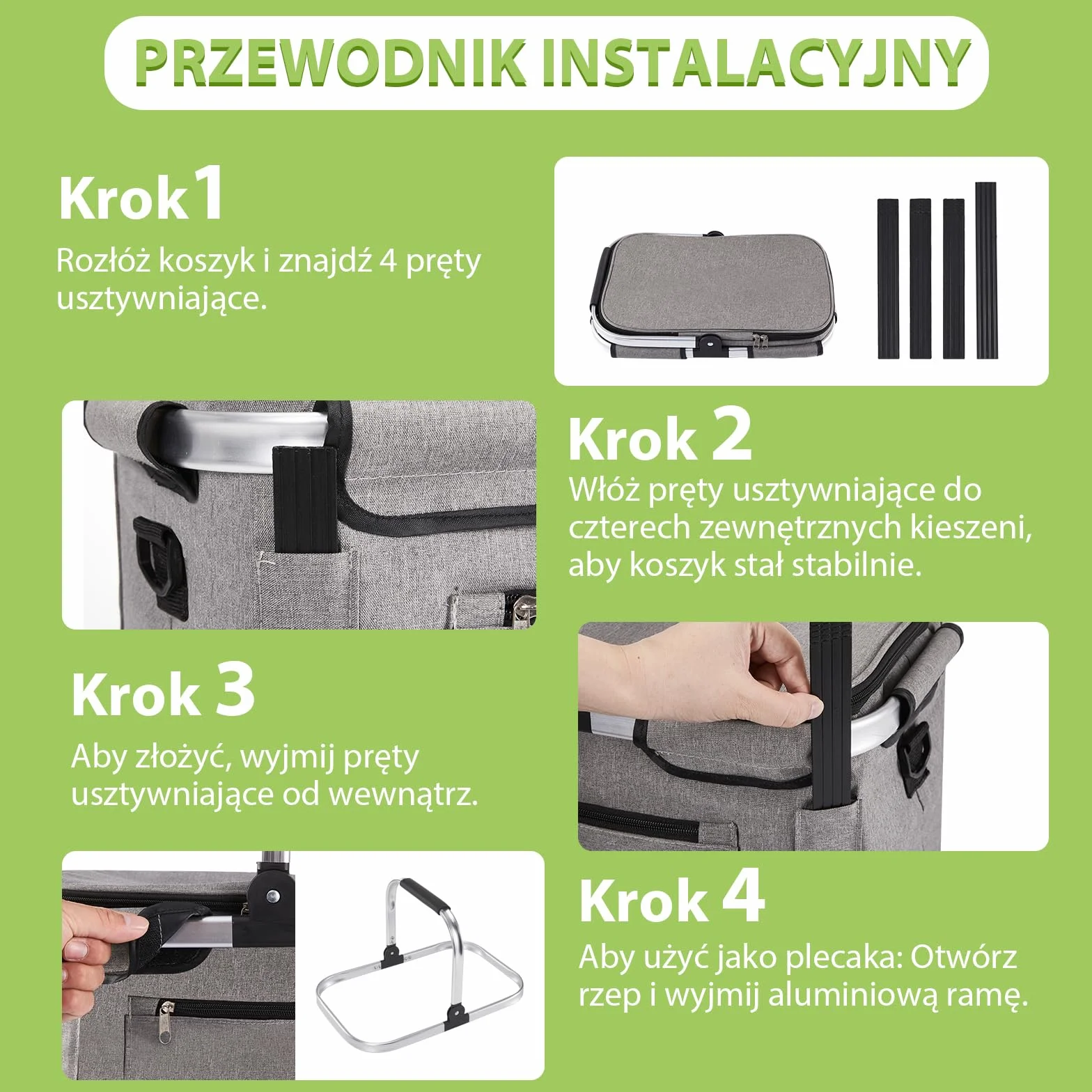 OUSFOT Kosz na Zakupy 30L Składany Szary z Pokrywką