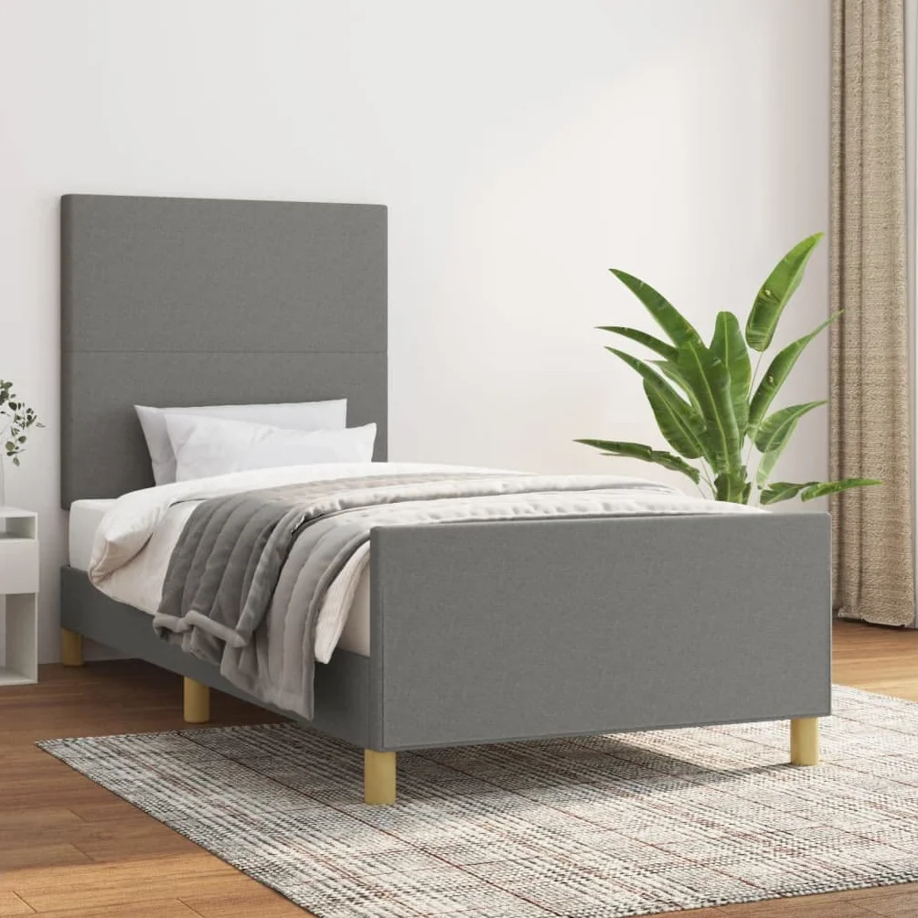 Obita tkaniną z regulowanym zagłówkiem ciemnoszara 80x200 cm | Rama łóżka tapicerowana ciemnoszara 80x200 cm bez materaca z regulowanym zagłówkiem solidne nogi