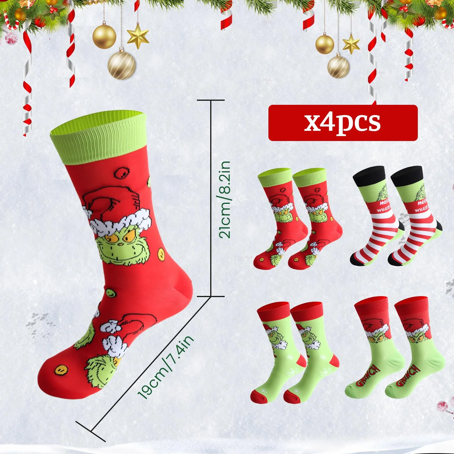 Skarpety świąteczne Grinch, Śmieszne skarpety męskie, Spersonalizowane skarpety świąteczne, świąteczne pończochy Torby na prezenty, Boże Narodzenie Bawełniane skarpetki, Boże Narodzenie