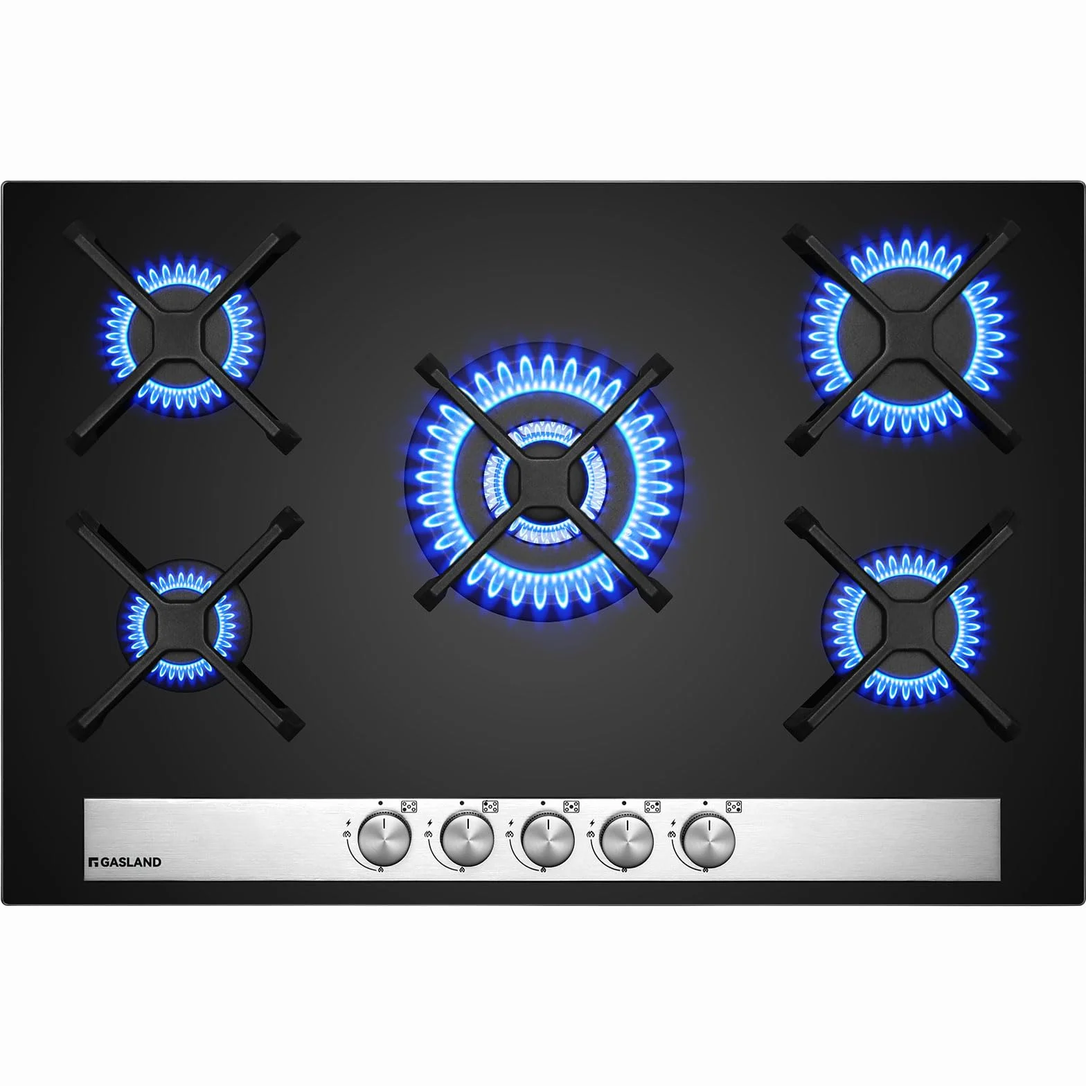 GASLAND GH6805BG1FC szklana płyta gazowa, 5-palnikowa, gazowa płyta kuchenna z palnikiem wok, płyty gazowe do zabudowy, 76 cm, czarna kuchenka szklana, butan 10400 W, LPG/gaz ziemny
