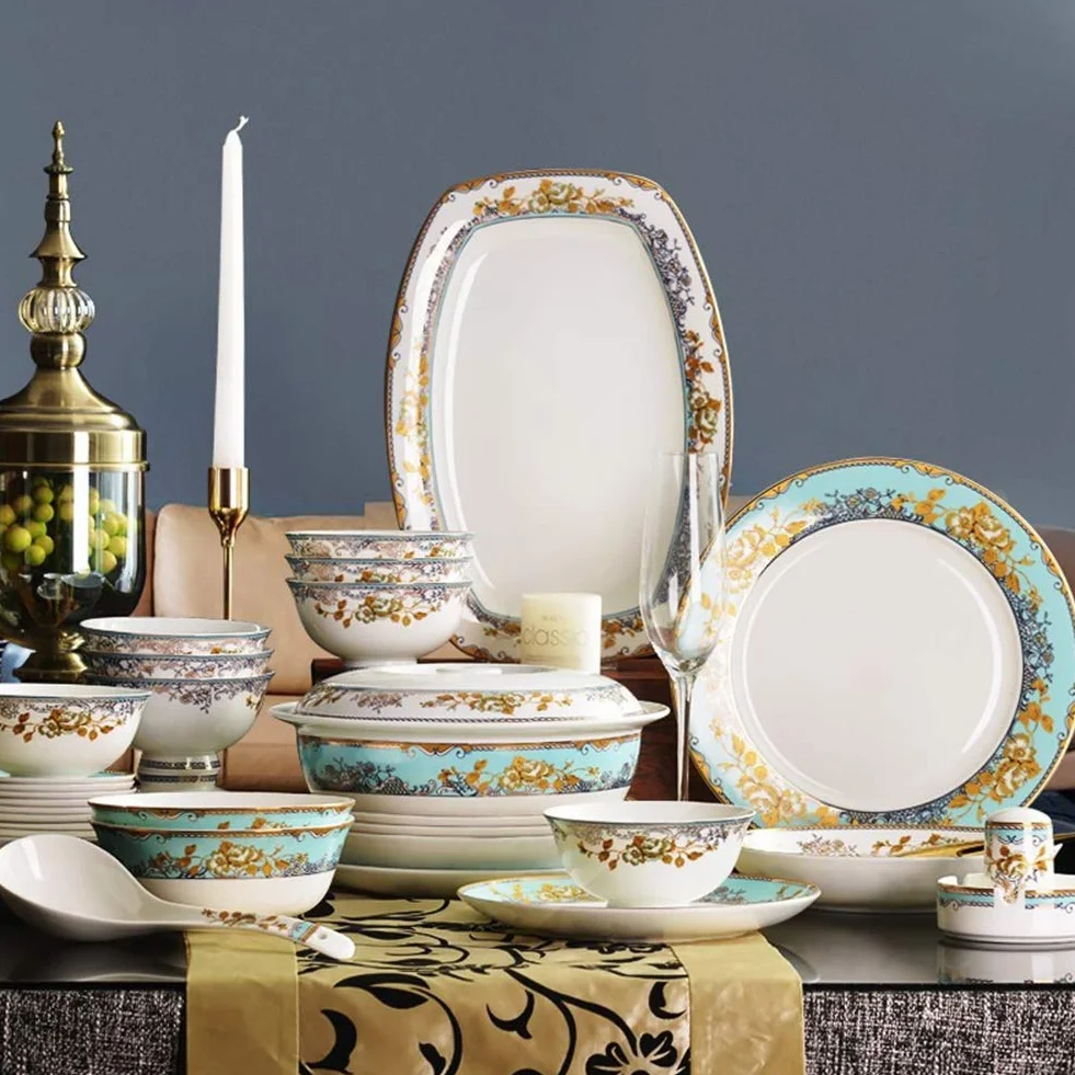 Naczynia ceramiczne, 56-częściowe zestawy naczyń ceramicznych, porcelanowe naczynia stołowe, zestaw combi, w tym miski na płatki zbożowe/talerze deserowe/talerze do zupy/talerze obiadowe