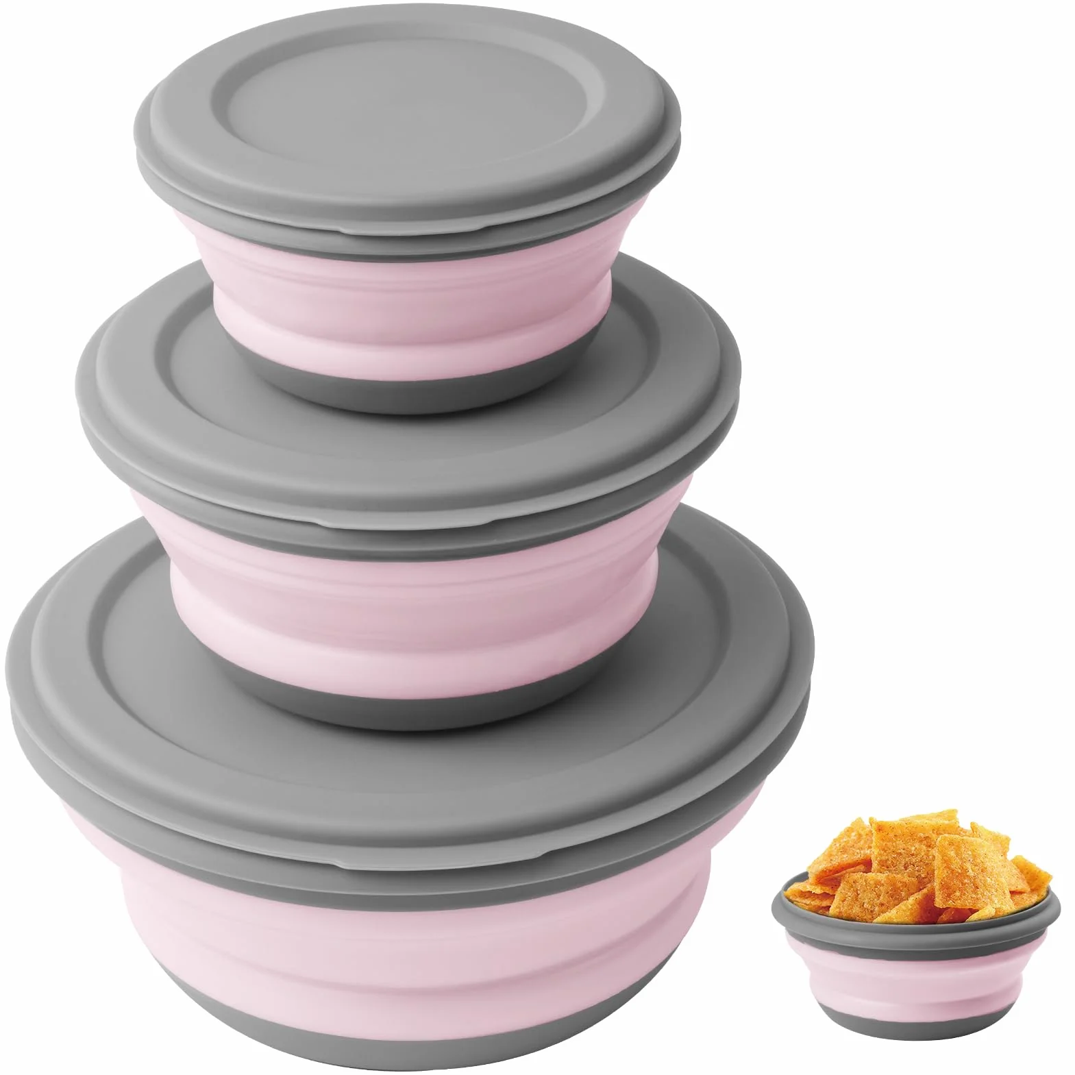 Flintronic 3-częściowy składany zestaw kempingowy – przenośna silikonowa miska z pokrywką, składane pudełko na lunch na kemping, wędrówki, do kuchni, szkoły, różowa
