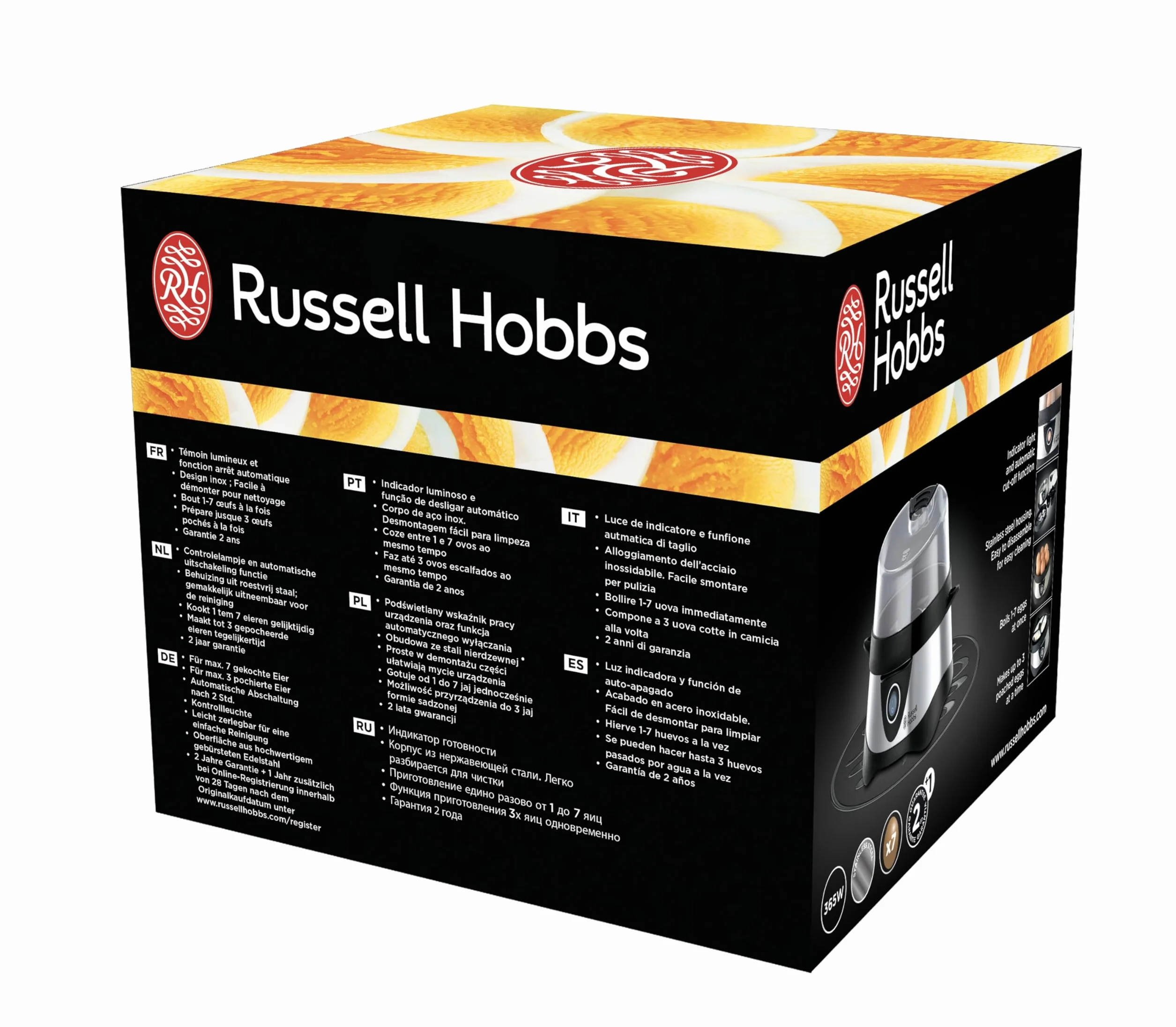 Russell Hobbs jajowar, regulacja twardości jaj, wutomatyczne wyłączenie, wyjmowane elementy, do 7 jaj gotowanych, do 3 jaj sadzonych, stal nierdzewna, plastikowa pokrywka, moc 365W, jajowar 14048-56