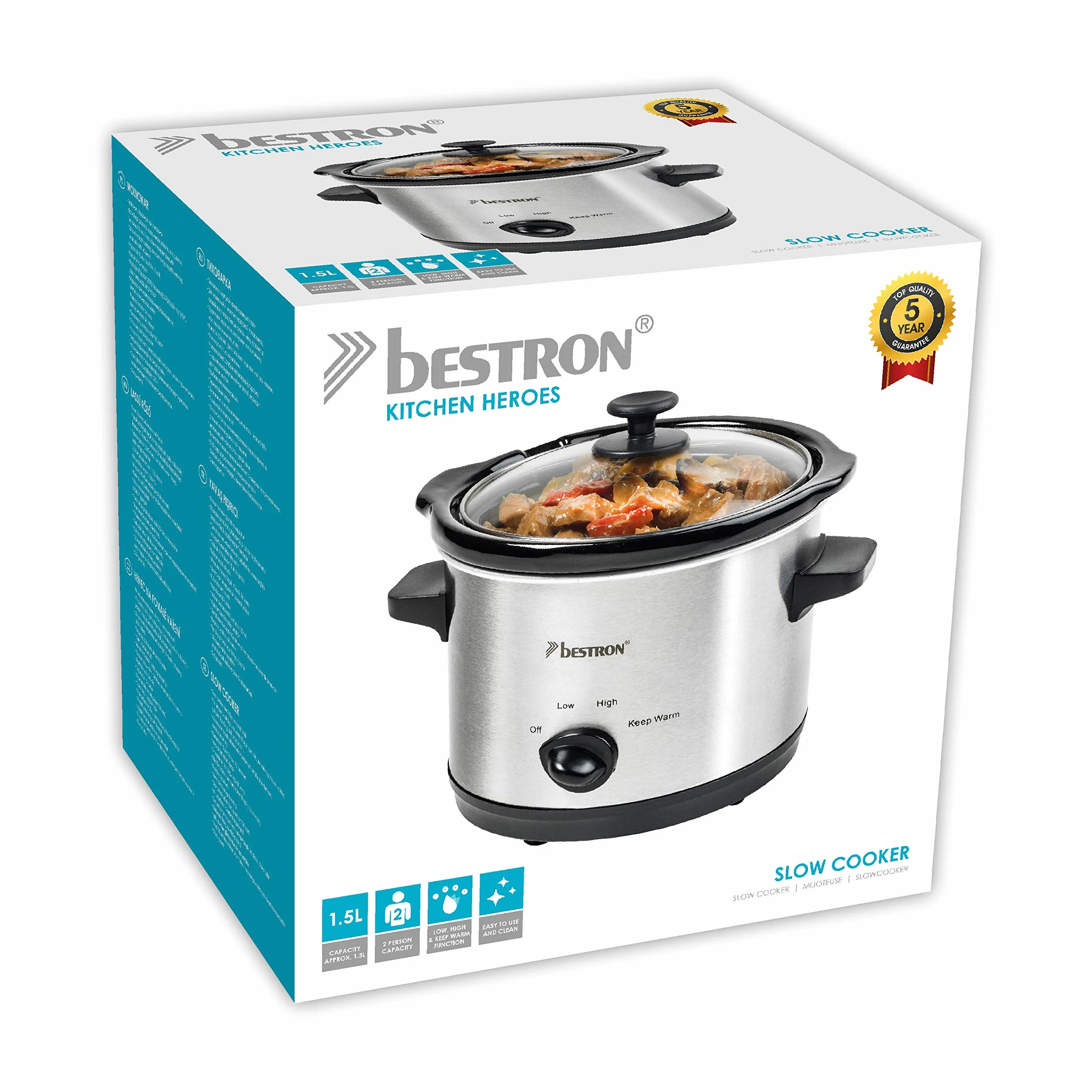 Bestron Slowcooker 1,5 L dla 2 osób, wolnowar z ceramiczną patelnią i szklaną pokrywką, 3-stopniowy termostat, srebrny