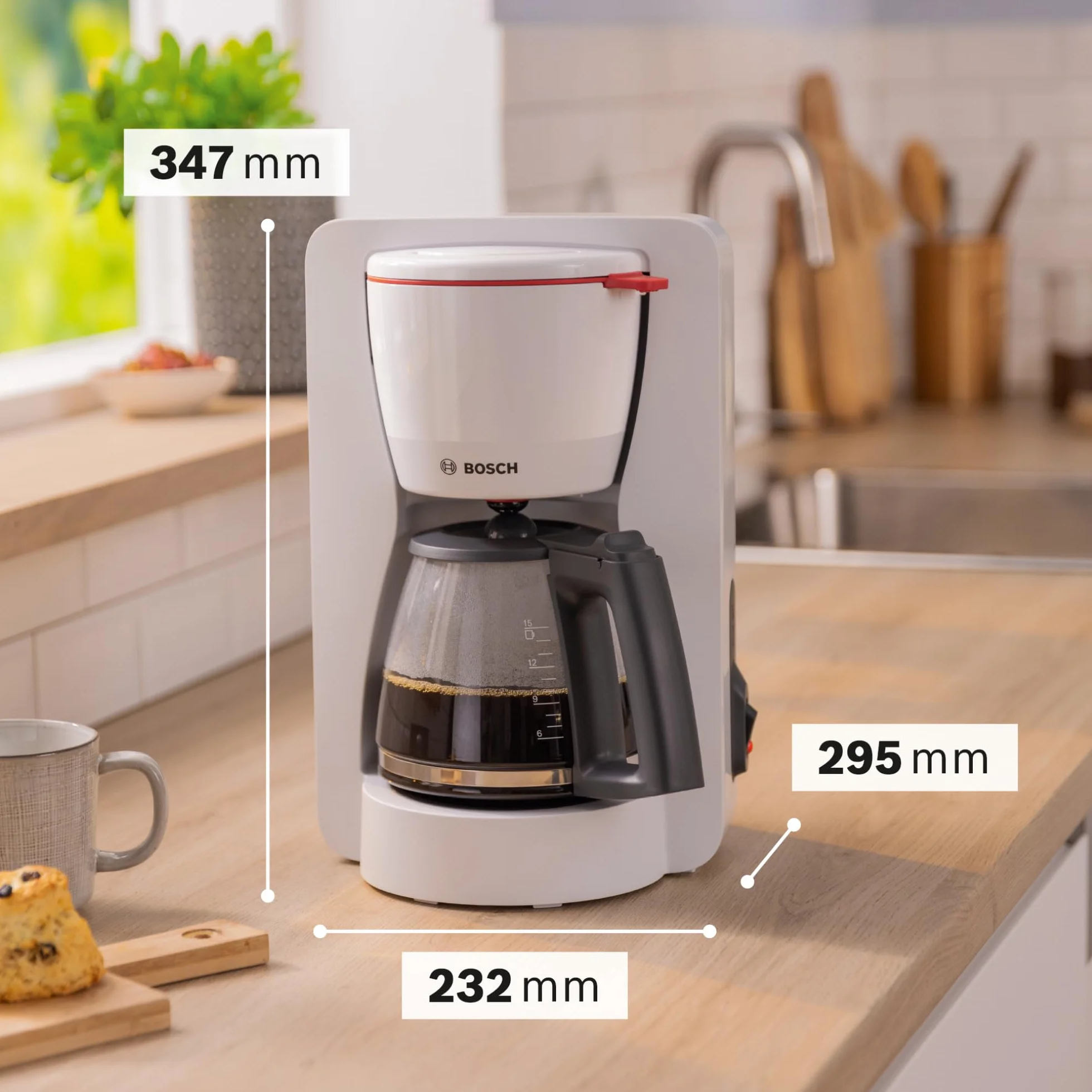 Bosch MyMoment TKA2M111 przelewowy ekspres do kawy, szklany dzbanek 1,25 l, na 10-15 filiżanek, funkcja utrzymania ciepła 40 min, funkcja zatrzymania kapania, obrotowy uchwyt filtra, zdejmowany