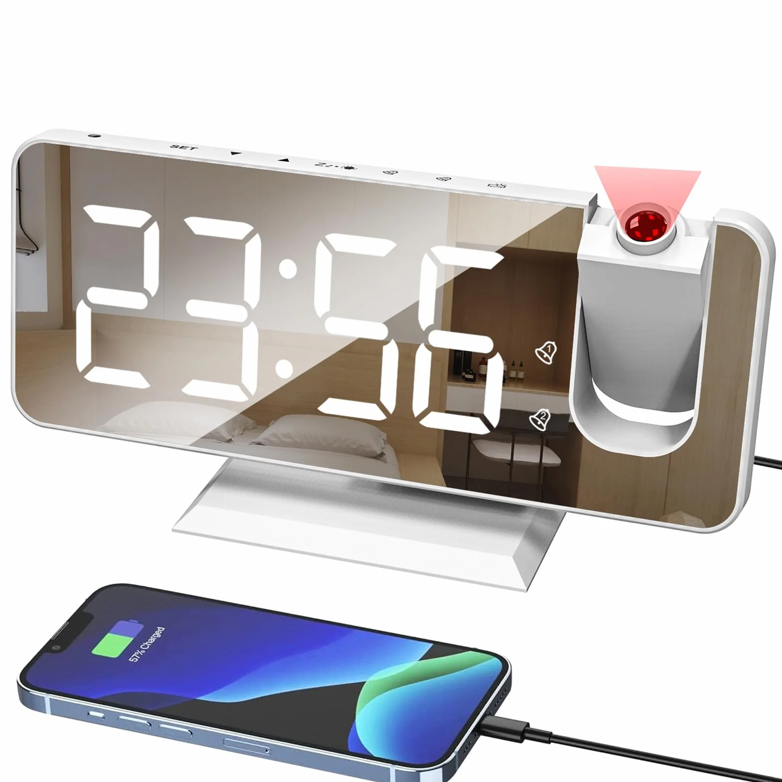 Budzik z projektorem na ścianę, podwójny alarm, drzemka, 12/24 h, port ładowania USB, LED, lustro, wyświetlacz, 4 poziomy jasności, ściemniacz, biało-biały