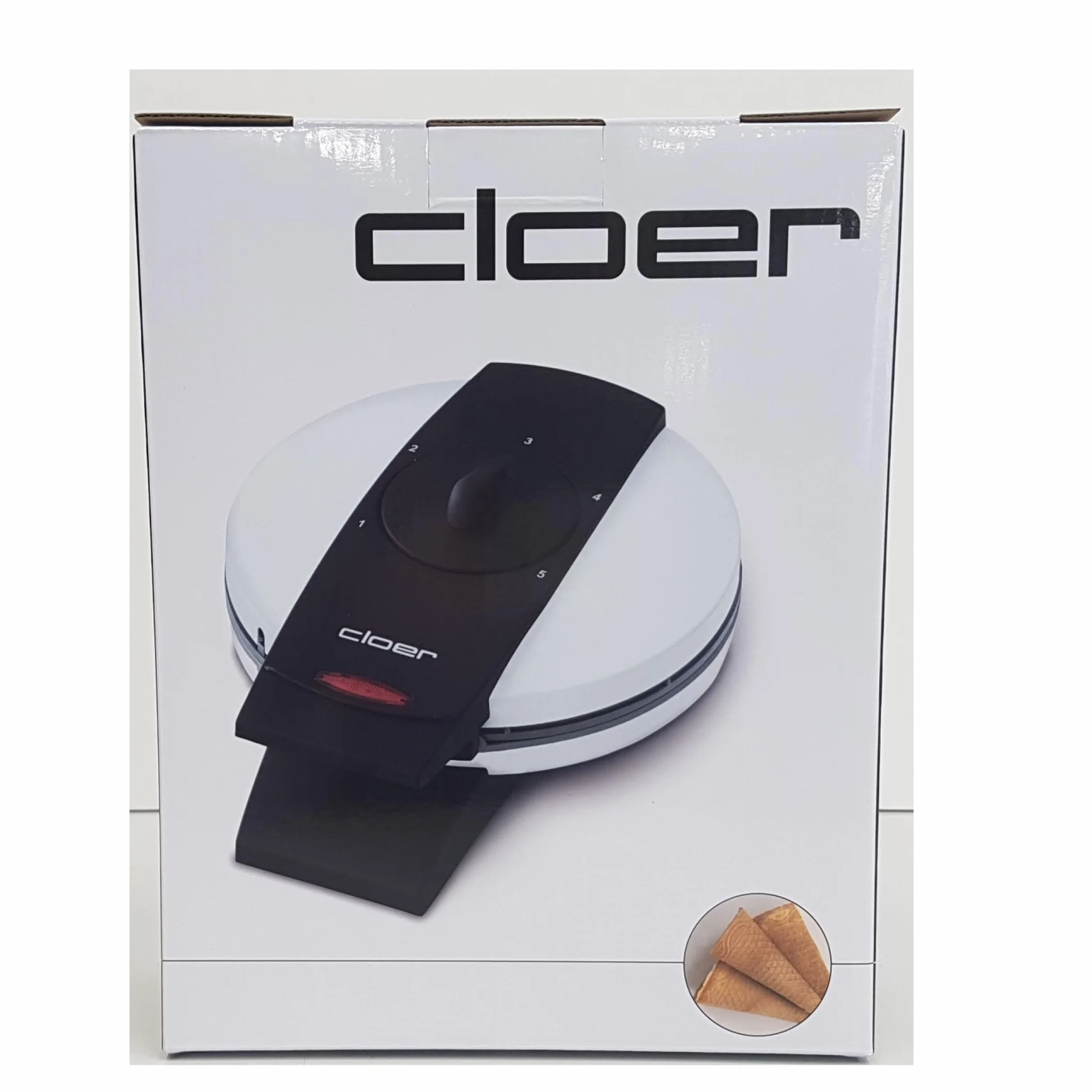 Cloer 261 Maszynka do robienia wafli na cienkie szyszki, 800 W, Powierzchnia do pieczenia 14,5 cm Ø, z nieprzywierającą powłoką, Bezstopniowa regulacja stopnia przypieczenia, biały metalowy korpus