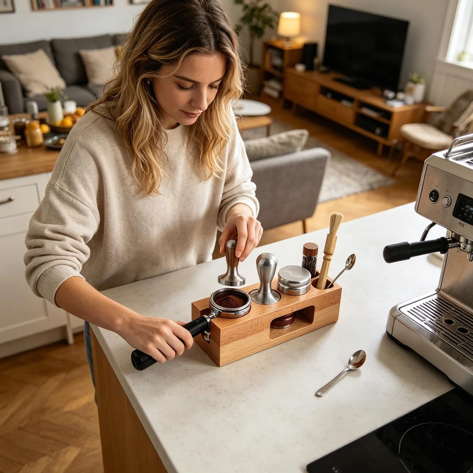 Stacja do ubijania espresso 58 mm Drewniany wielofunkcyjny uchwyt Natural | Akcesoria do ekspresu Espresso Do kawiarni domu kuchni kącika kawowego baru porannego parzenia przechowywania organizacj