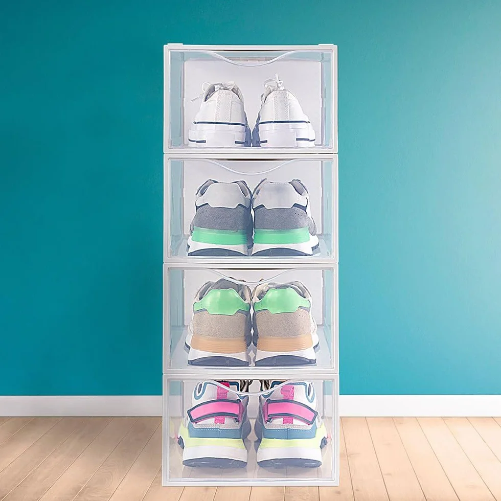 AKTIVE Max Home Plastikowe pudełka na buty, zestaw 6 organizerów do przechowywania, 23 x 33,5 x 14,5 cm, układane w stos, zapobiegające przewróceniu, do T.44, przezroczyste, plastikowe pudełko na